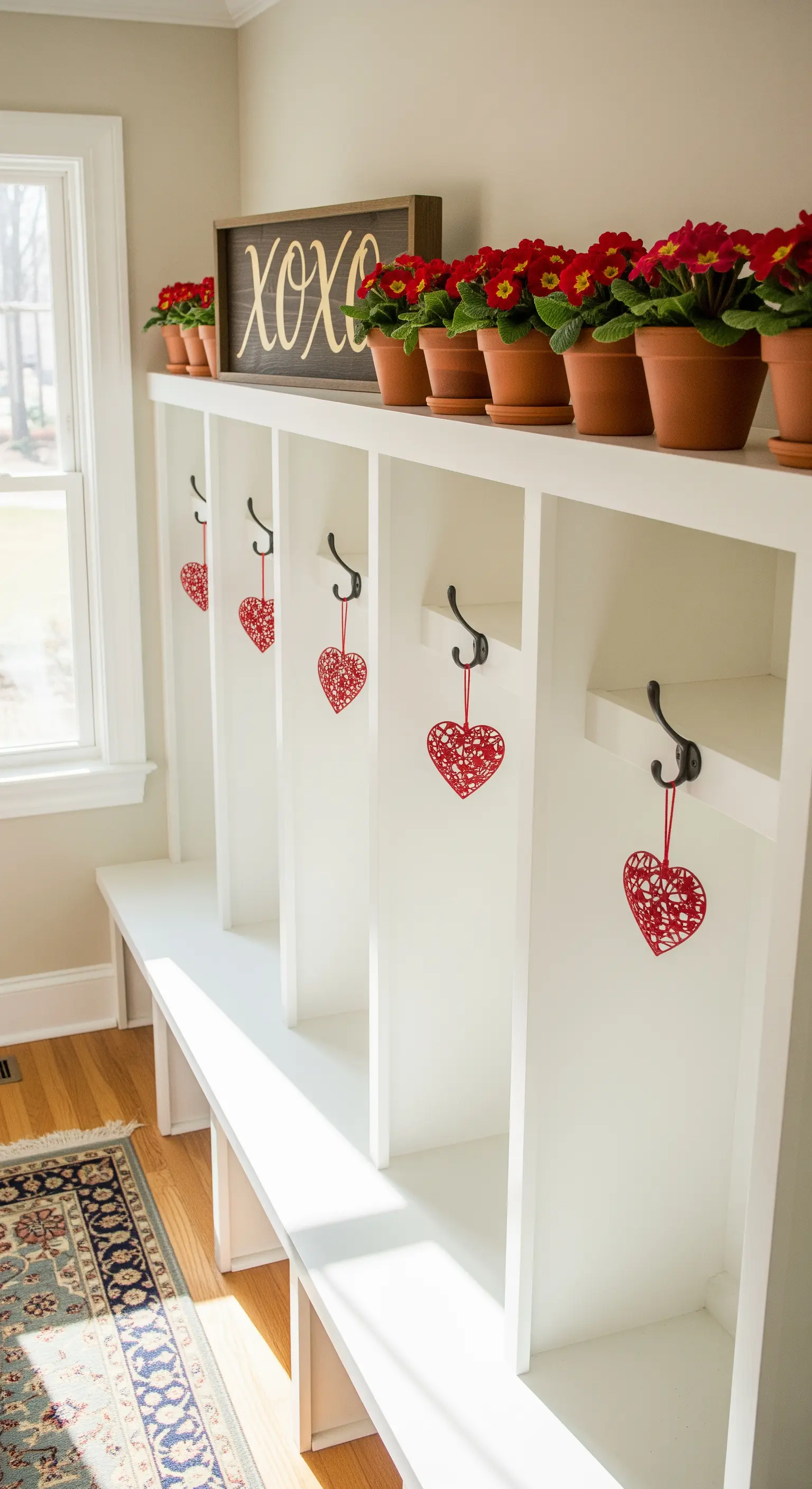 Garderobenbereich mit roten Herzen, Topfprimeln und Holzschild.