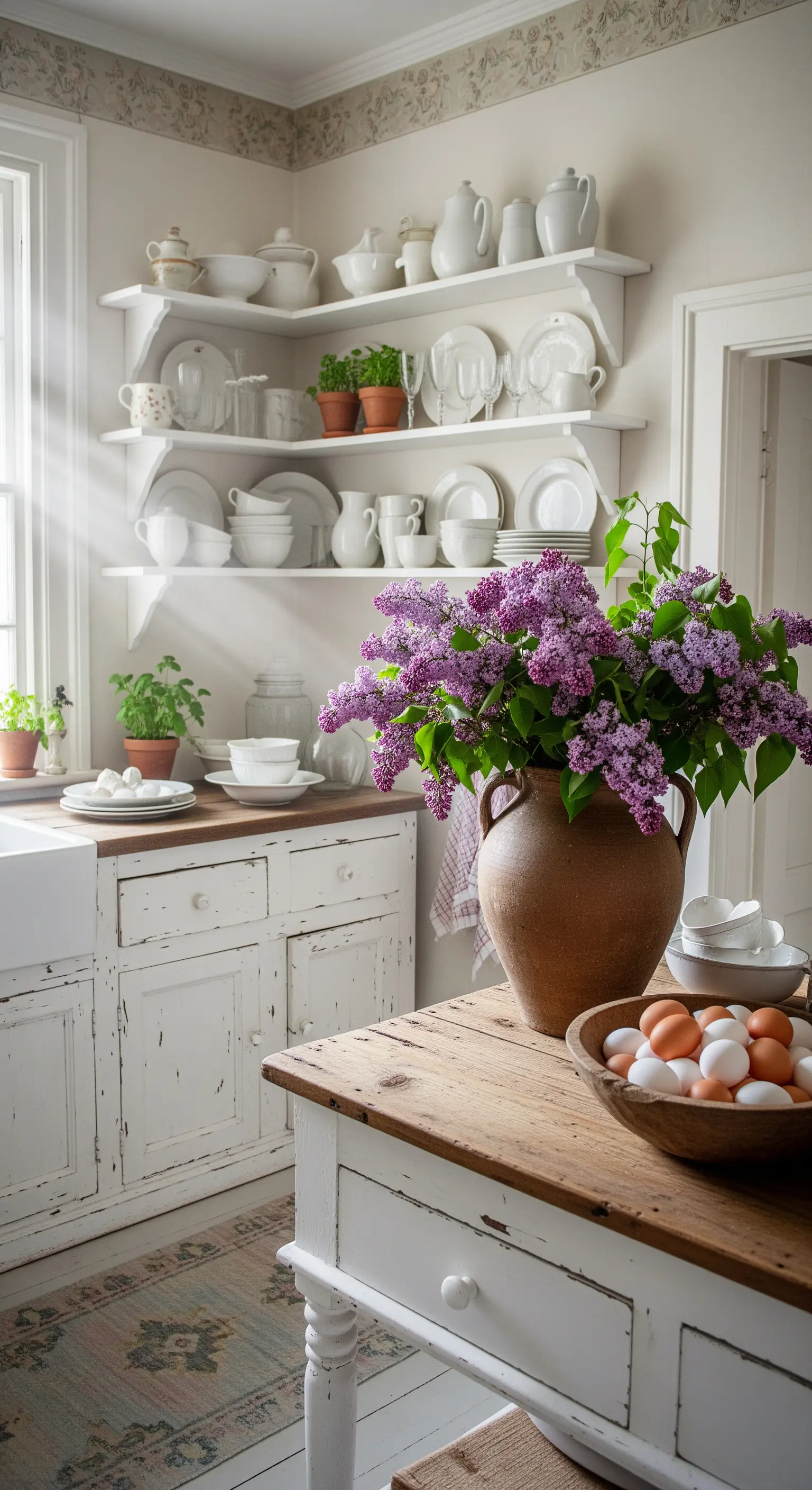 Großer Krug mit Flieder auf rustikalem Holztisch in weißer Küche