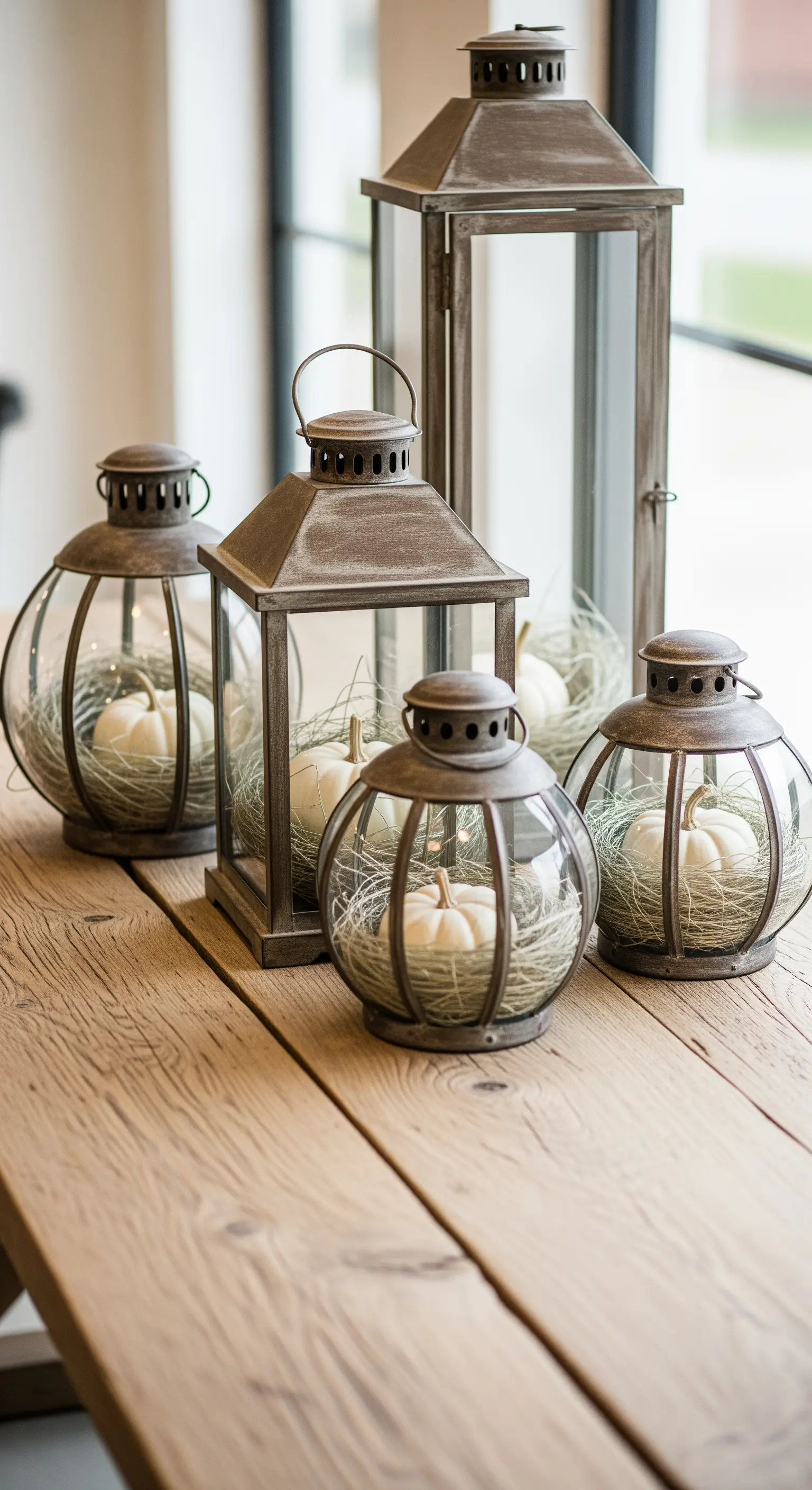 Verschiedene Laternen mit Stroh und weißen Mini-Kürbissen auf Holztisch für rustikale Herbst-Deko.