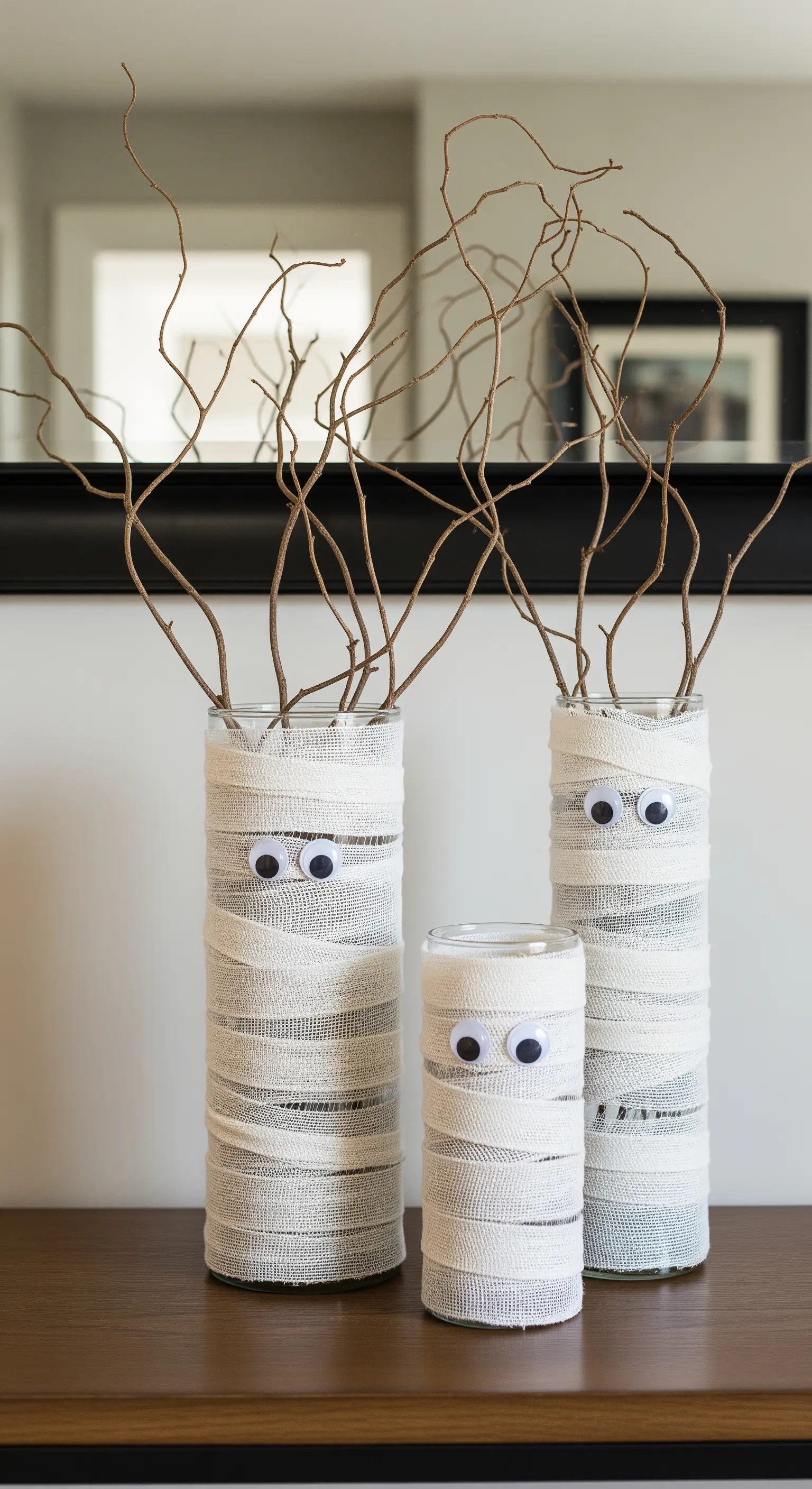 Drei Glasvasen, die mit Mullbinden und Wackelaugen als Mumien dekoriert sind.