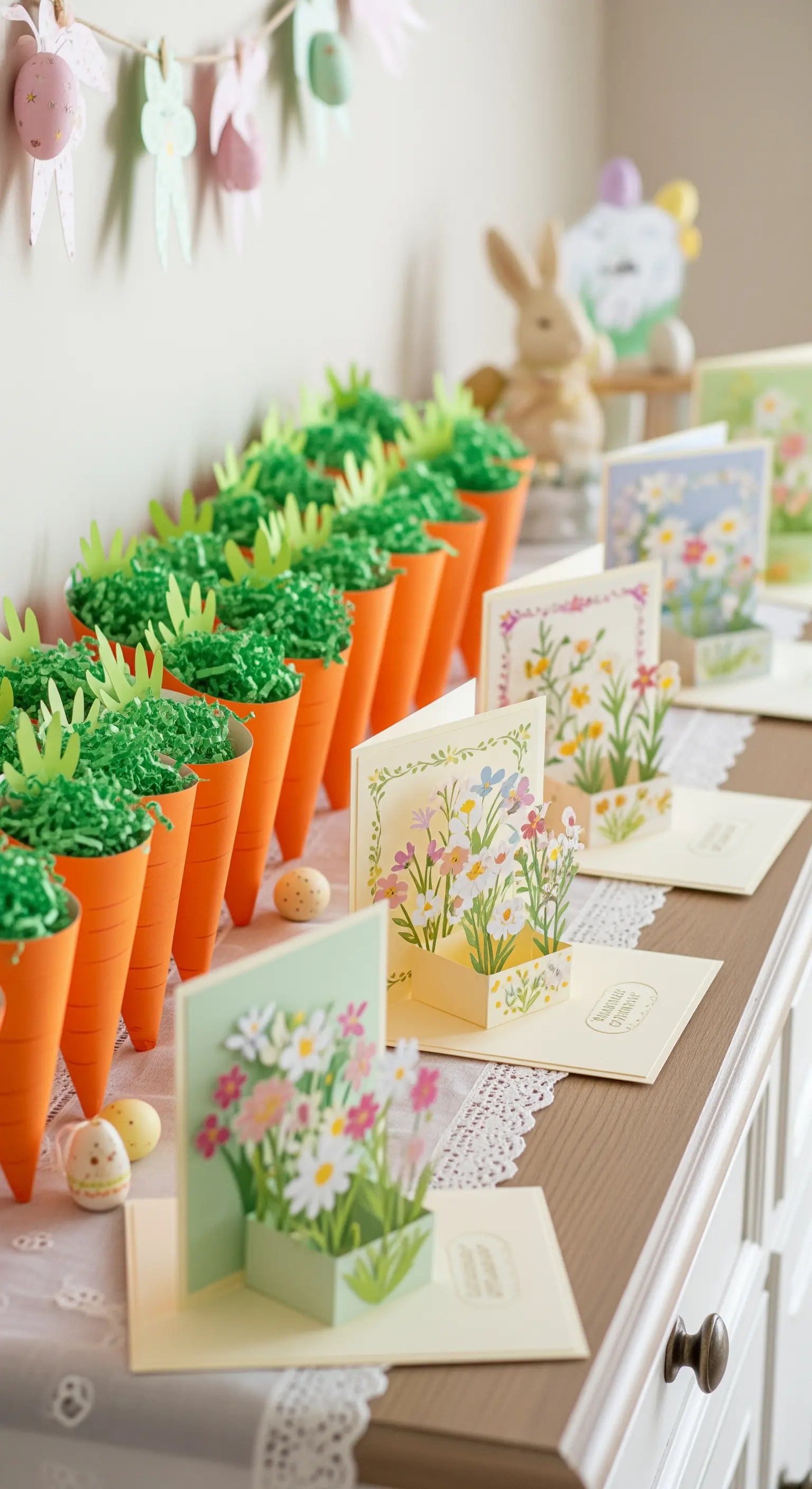 Sideboard mit Papierkarotten und frühlingshaften Pop-up-Osterkarten in Reihe