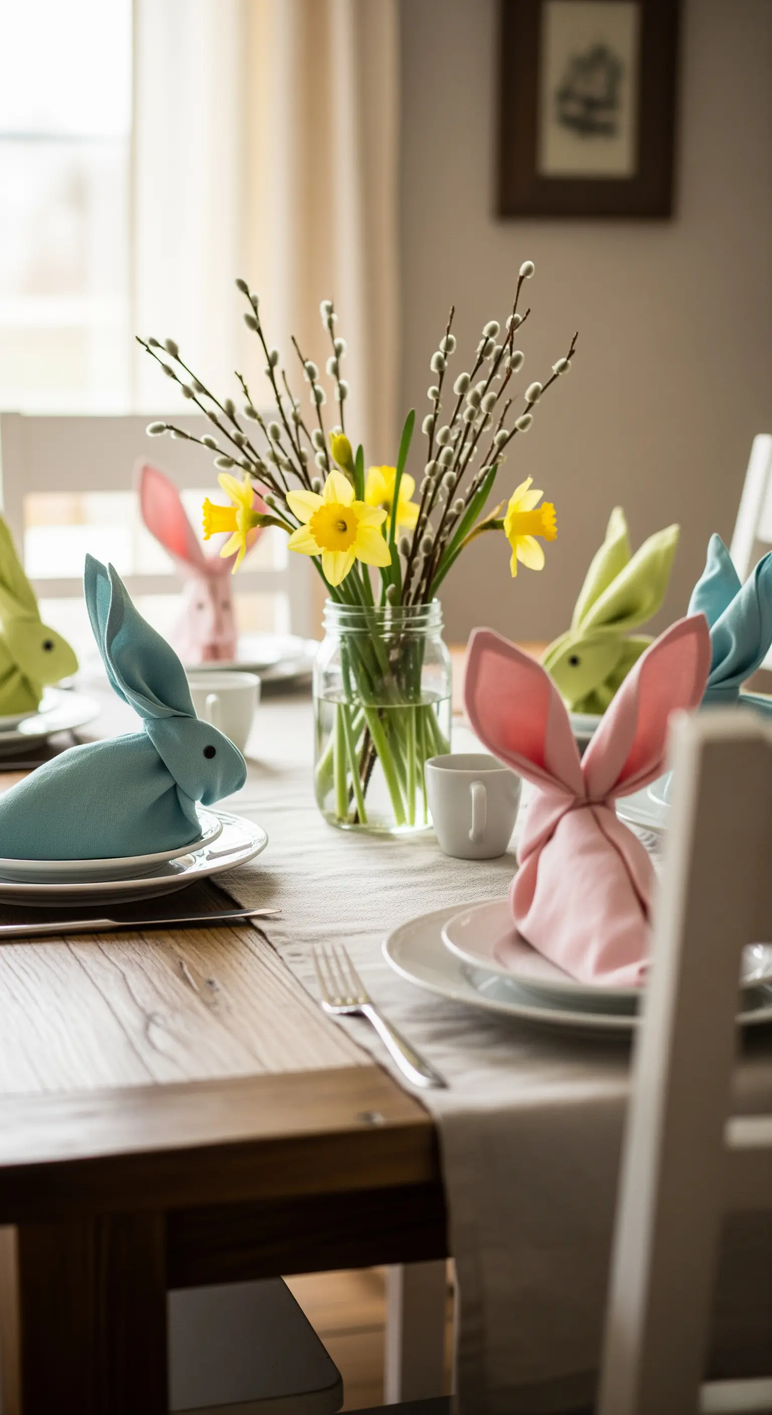 Oster-Tischdeko mit gefalteten Servietten-Hasen in Pastellfarben