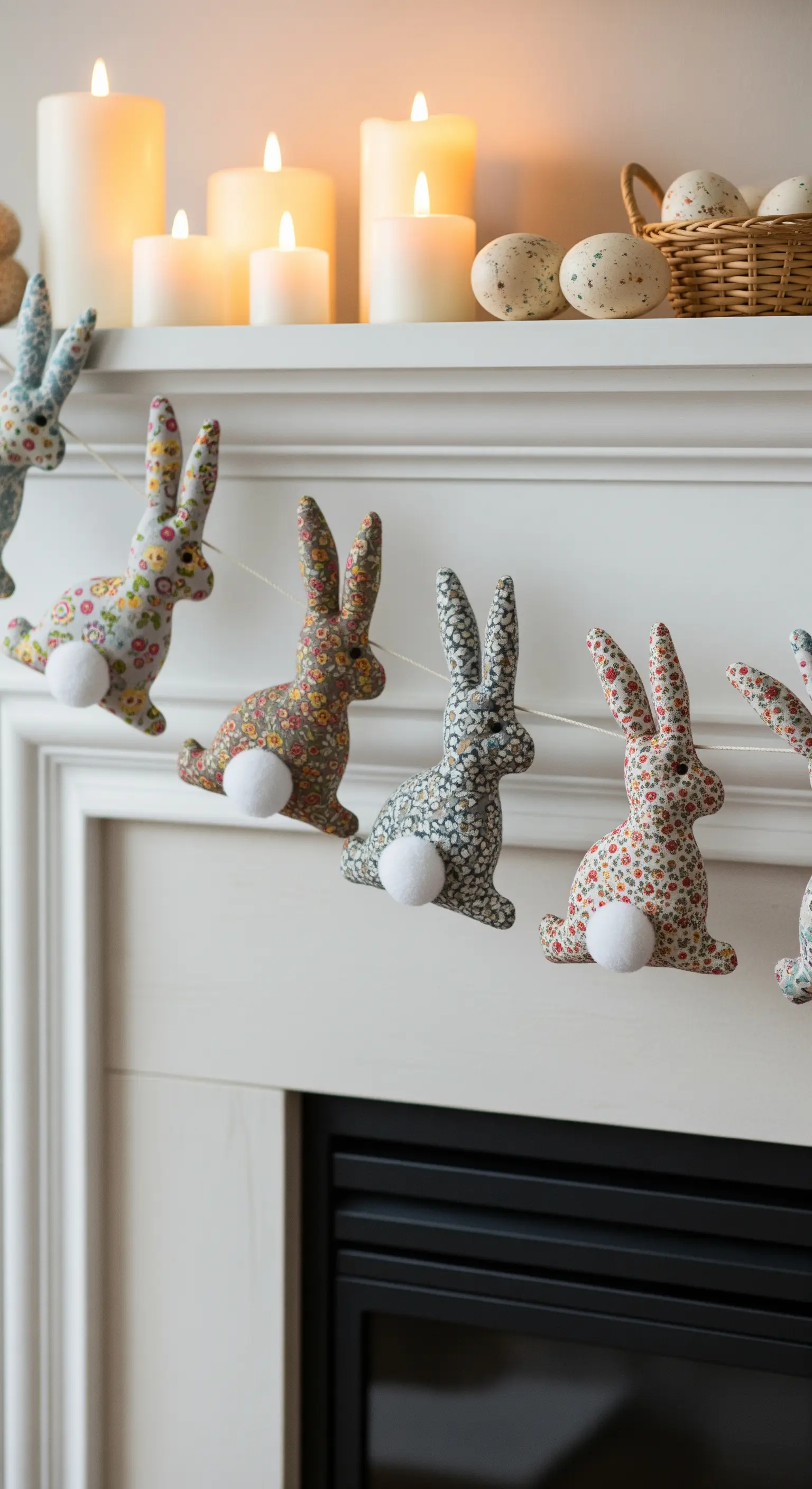 Stoffhasen-Girlande am Kaminsims mit Kerzen und Deko-Eiern