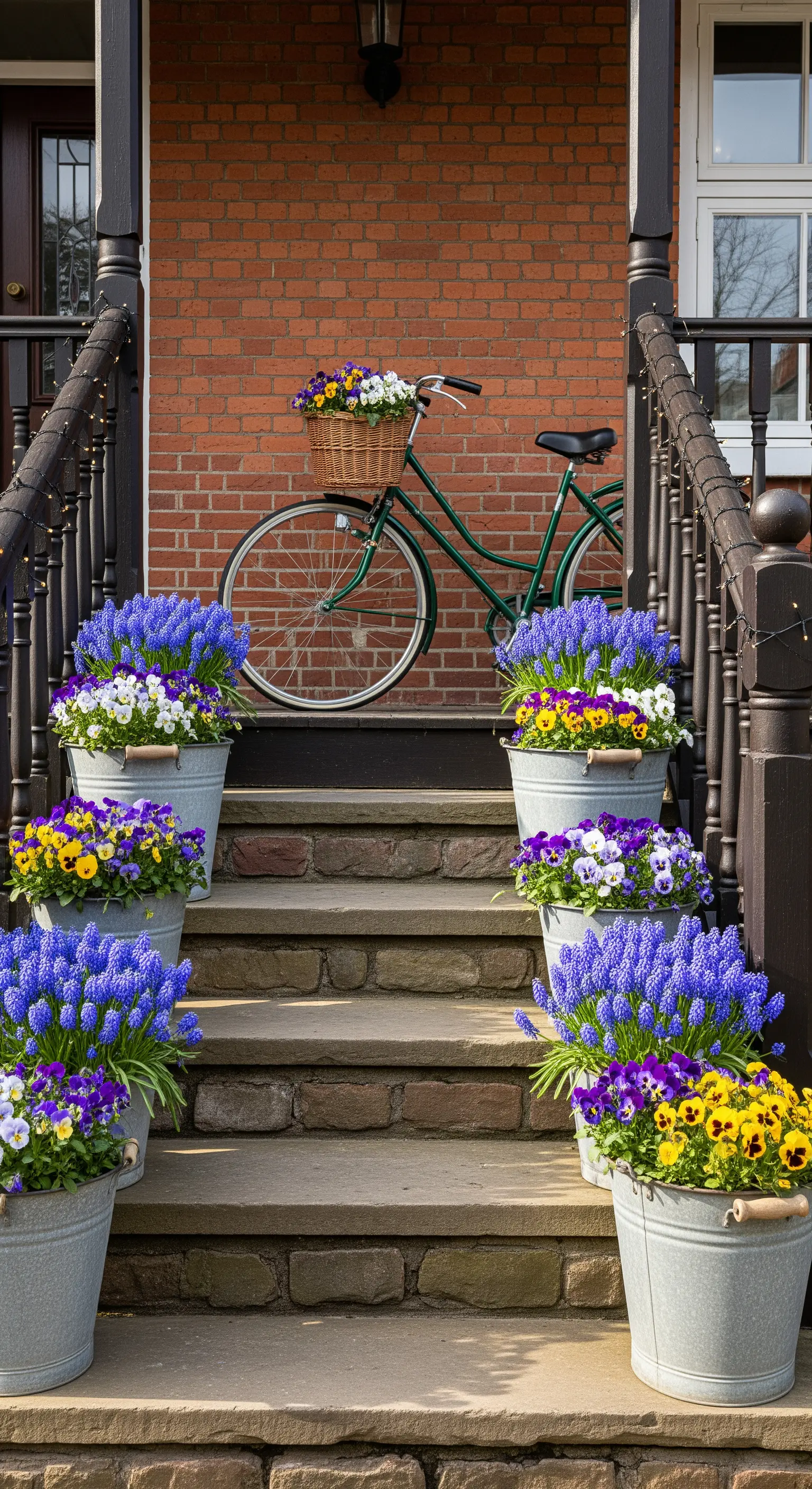 Steintreppe, Blumen, verzinkte Eimer, Vintage-Fahrrad, Frühling, Eingang
