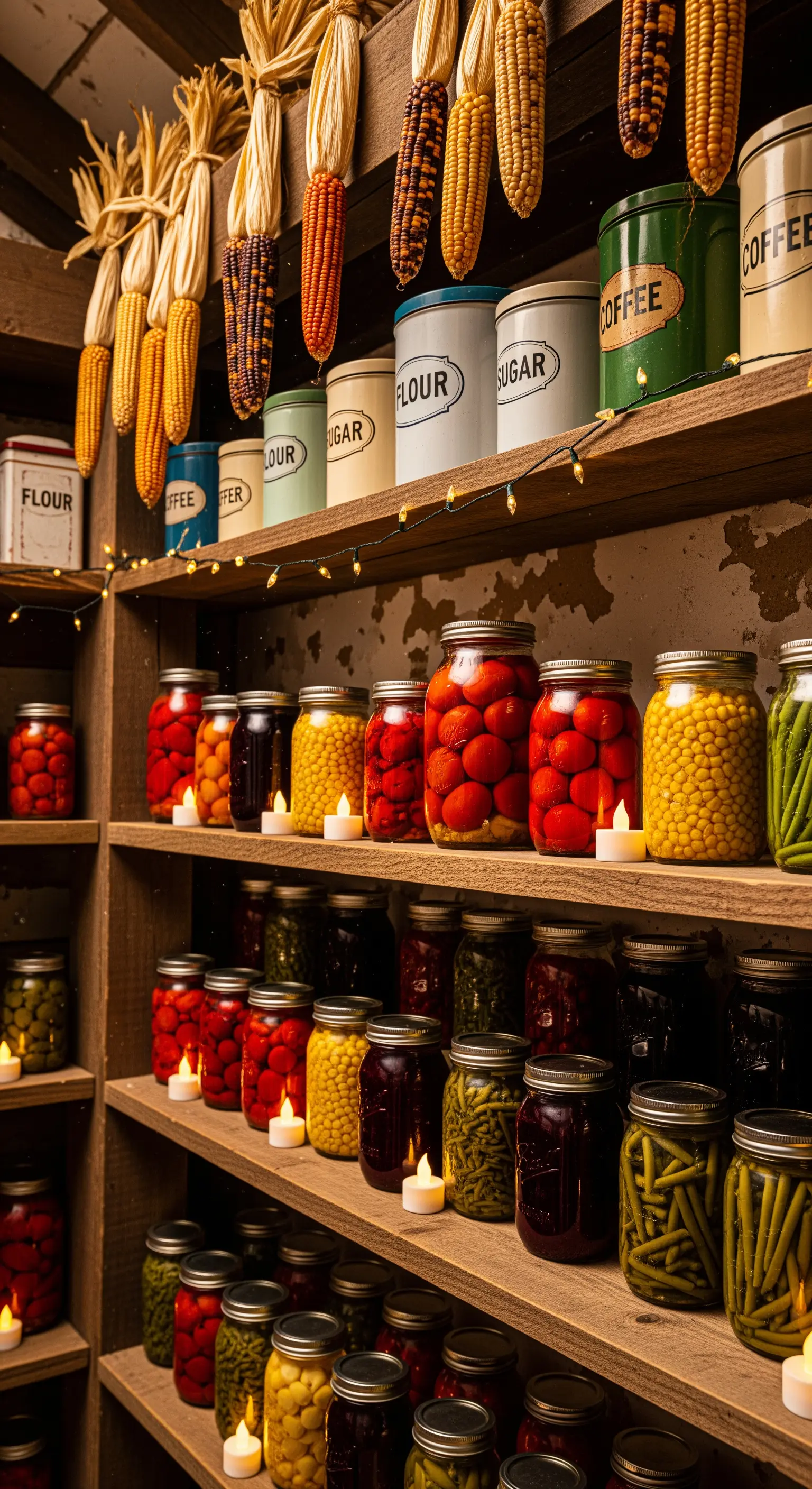 Vorratskammer mit Einmachgläsern, getrocknetem Mais, Vintage-Dosen und Lichterketten.