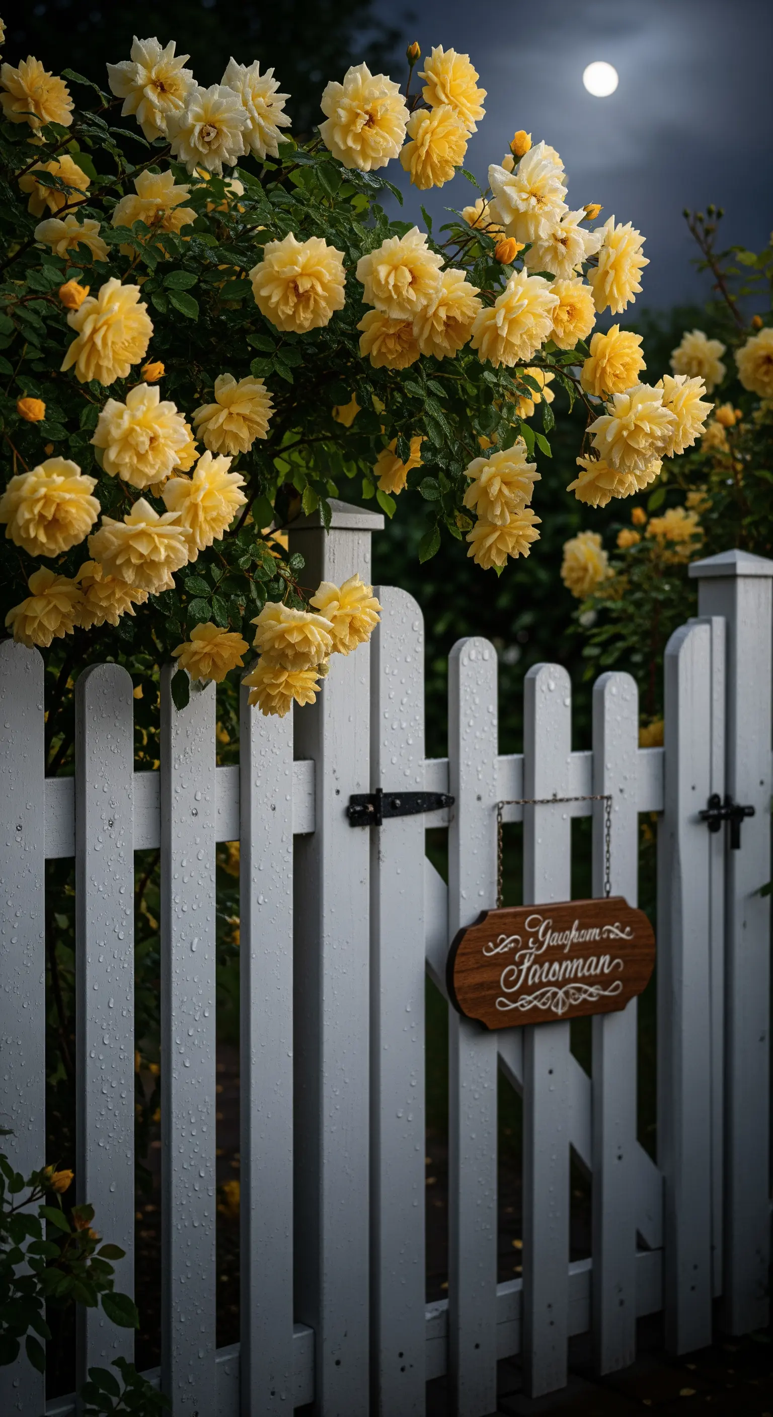 Weißer Lattenzaun mit gelben Kletterrosen, Holzschild, Regentropfen.