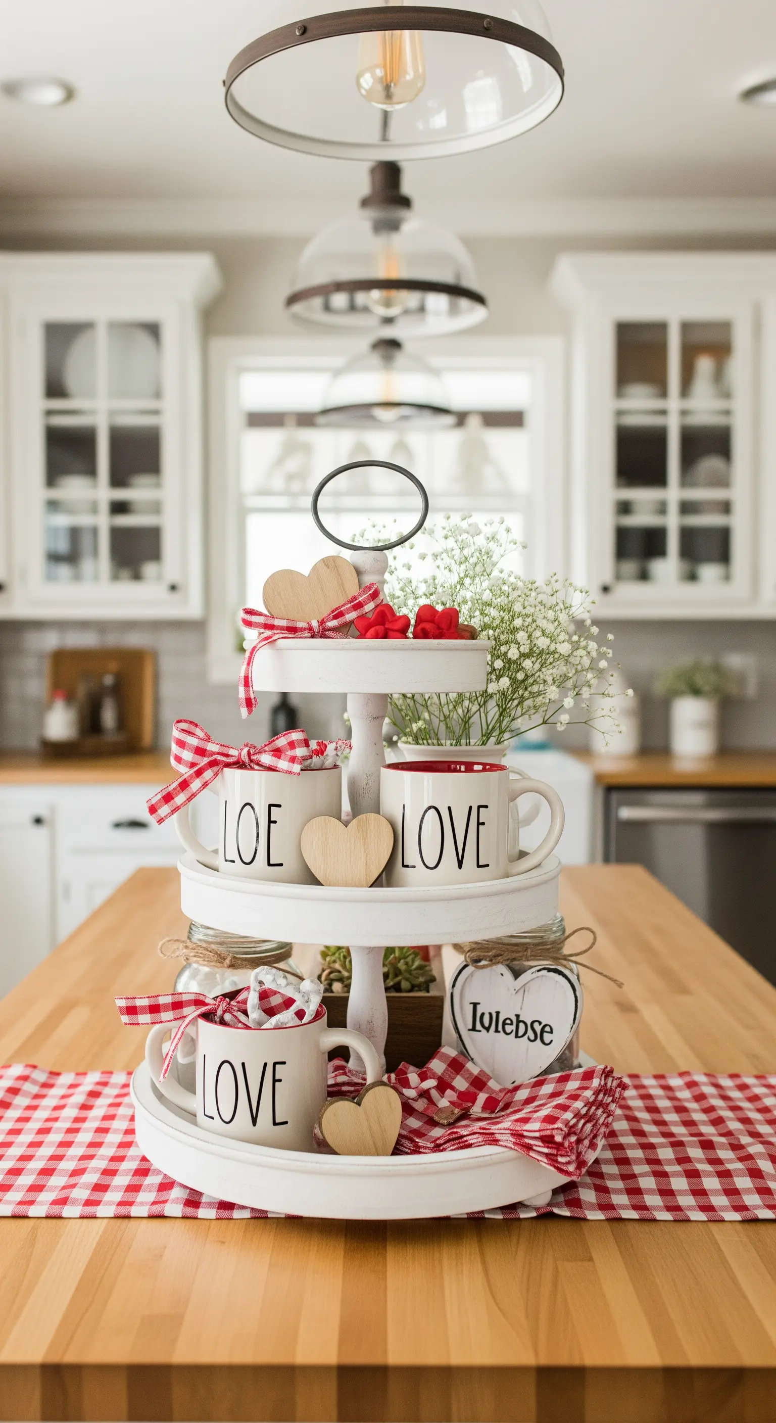 Weiße Etagere im Landhausstil mit Tassen, Holzherzen und rot-weiß kariertem Stoff.