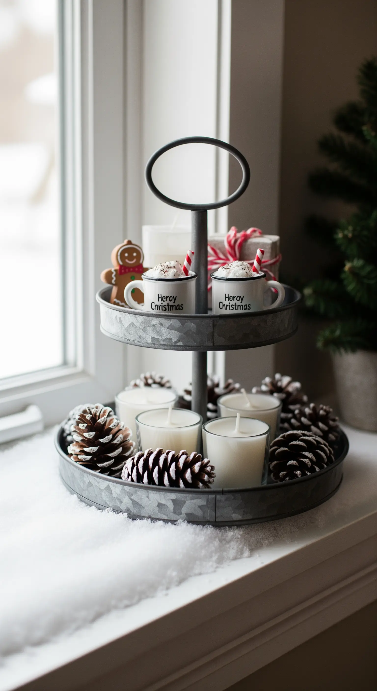 Zweistöckige Etagere im Farmhouse-Stil mit Kerzen, Tassen und Tannenzapfen.