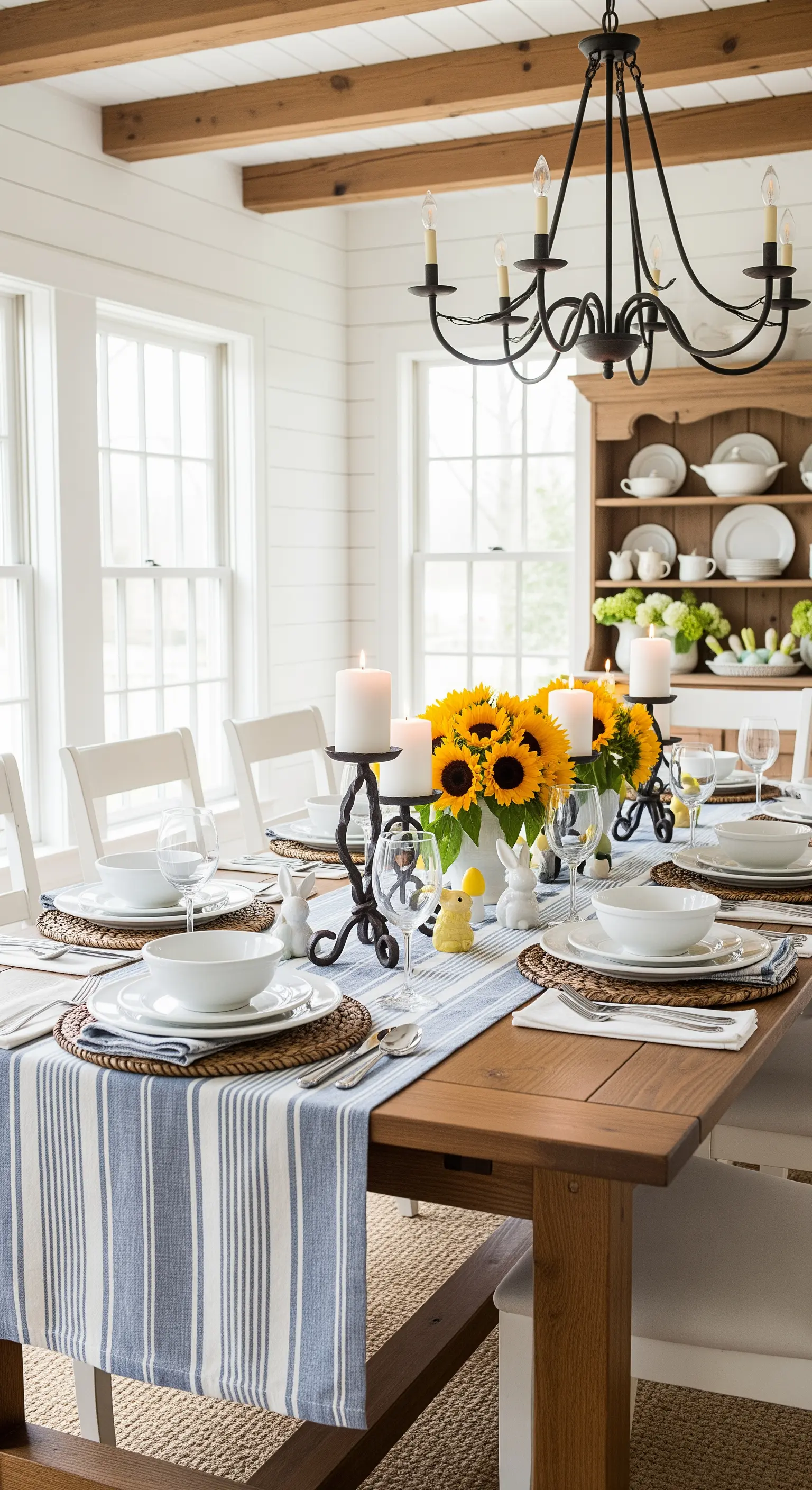 Farmhouse Osterdeko: Sonnenblumen, Streifenläufer und schmiedeeiserne Kerzenleuchter