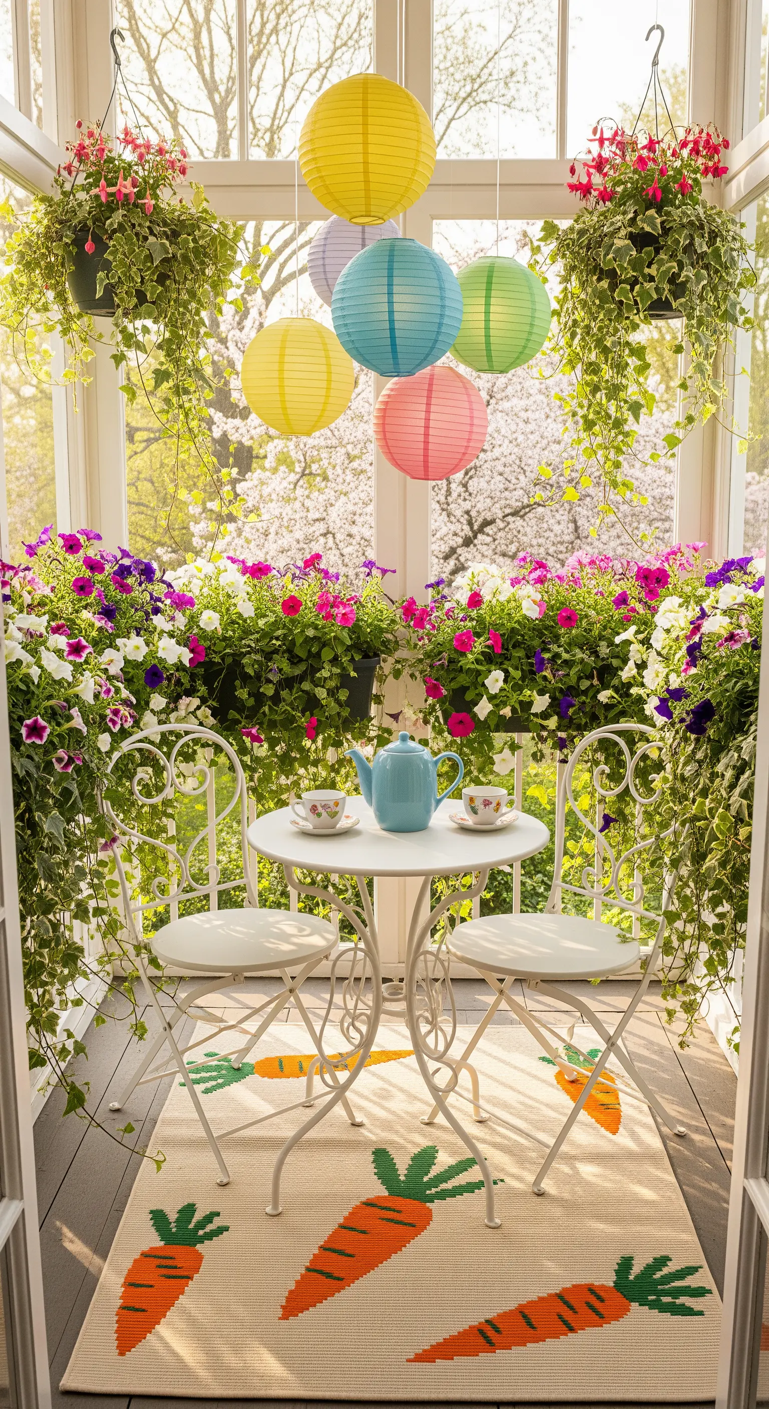 Sunroom balcony with bistro set, carrot rug, hanging lanterns, and abundant flowers.
