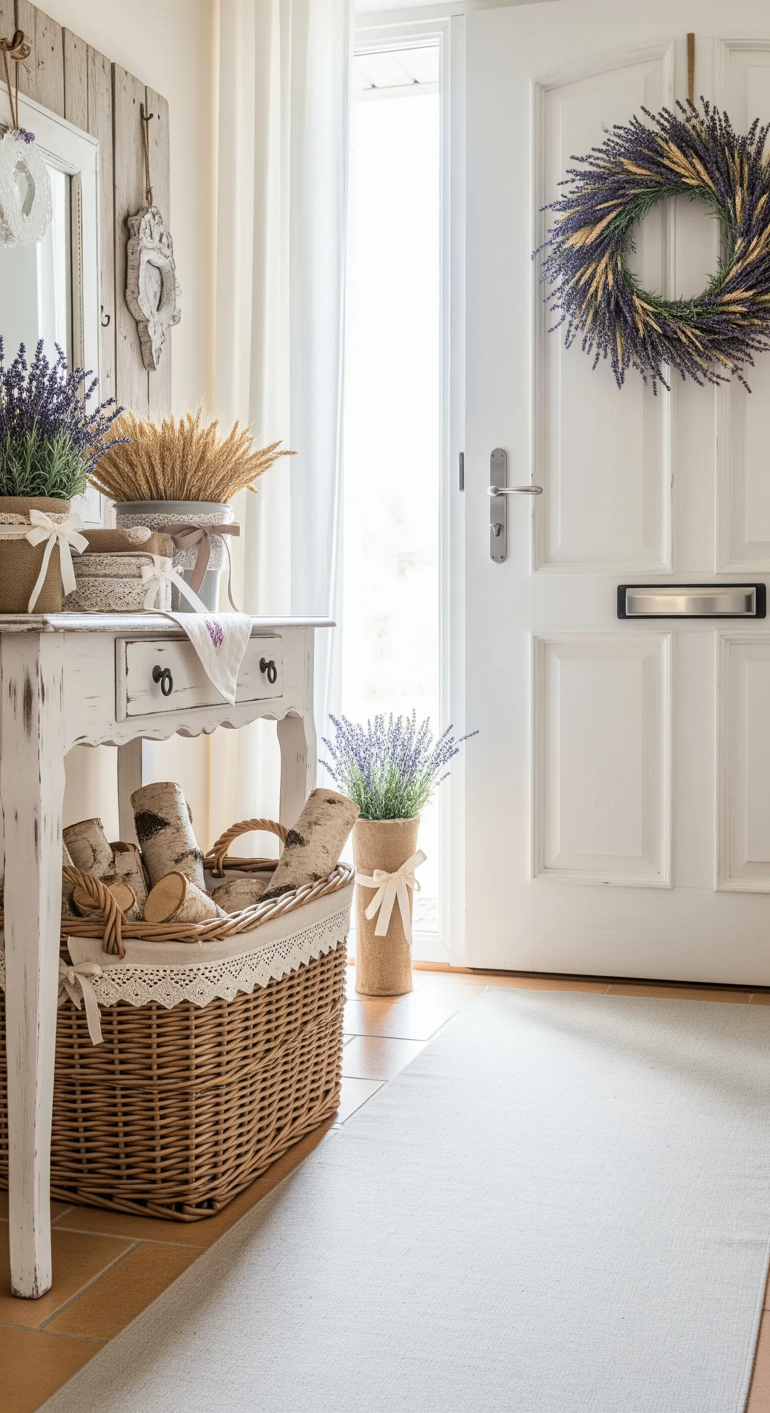 Landhaus-Flur mit weißem Konsolentisch, Lavendelkränzen, Weidenkorb und Birkenholz