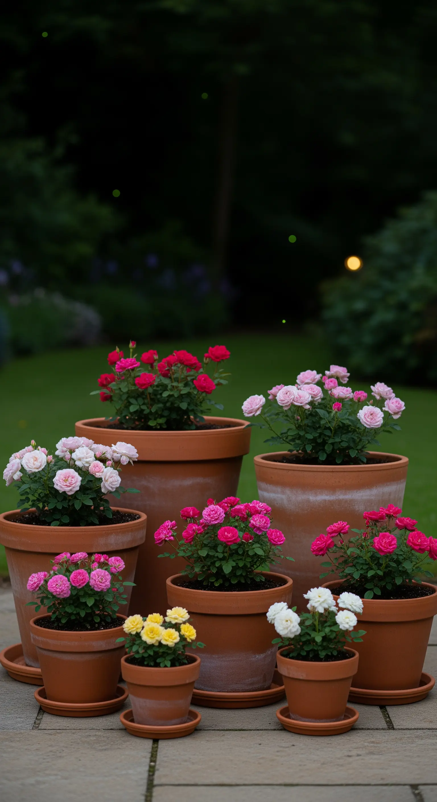 Miniaturrosen in Terrakottatöpfen unterschiedlicher Größe und Farbe.
