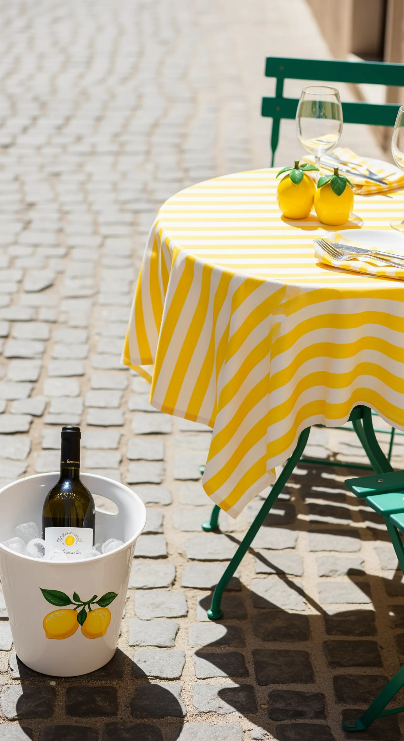 Bistro-Tisch mit gestreifter Tischdecke und Zitronen-Weinkühler auf Kopfsteinpflaster