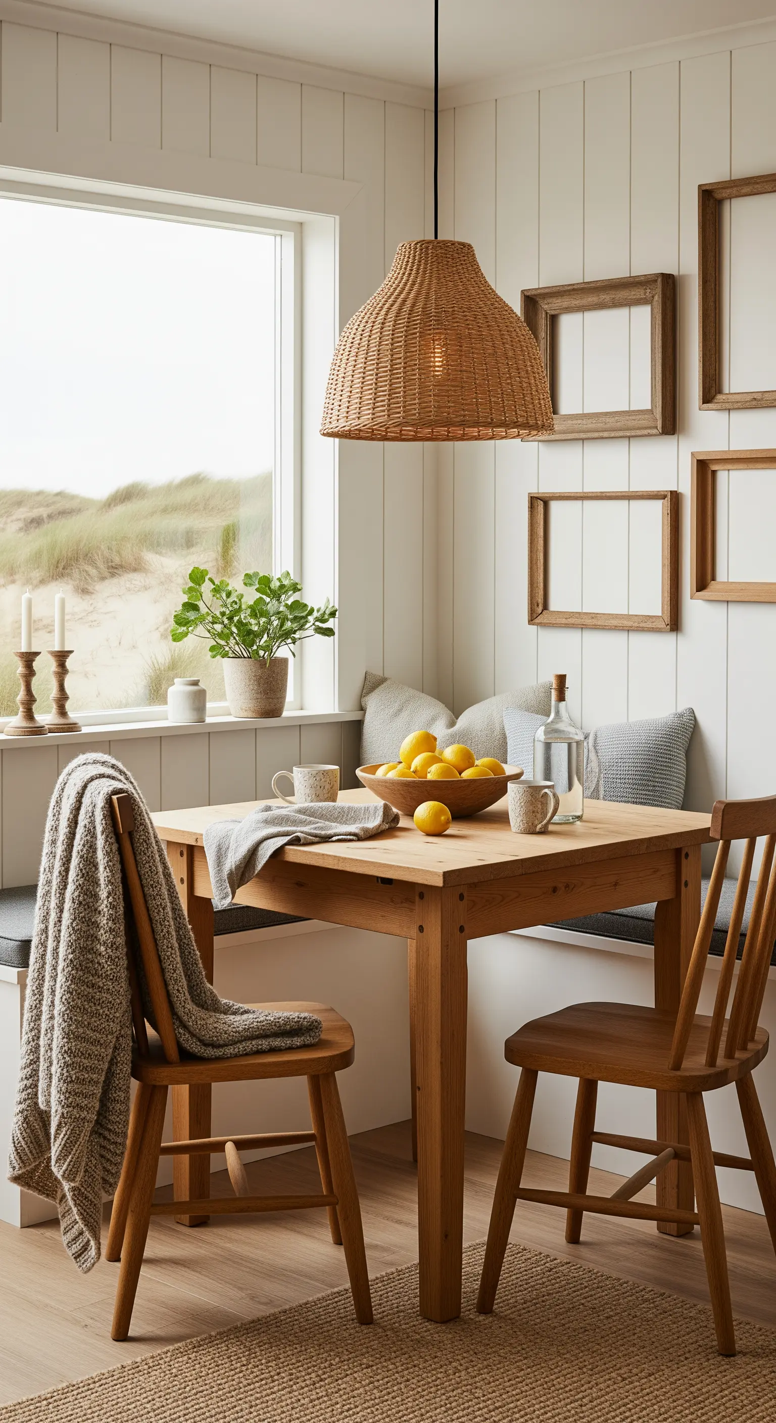 Kleine Essecke, Rattan-Pendelleuchte, Holztisch, Zitronen, Strandhaus-Stil