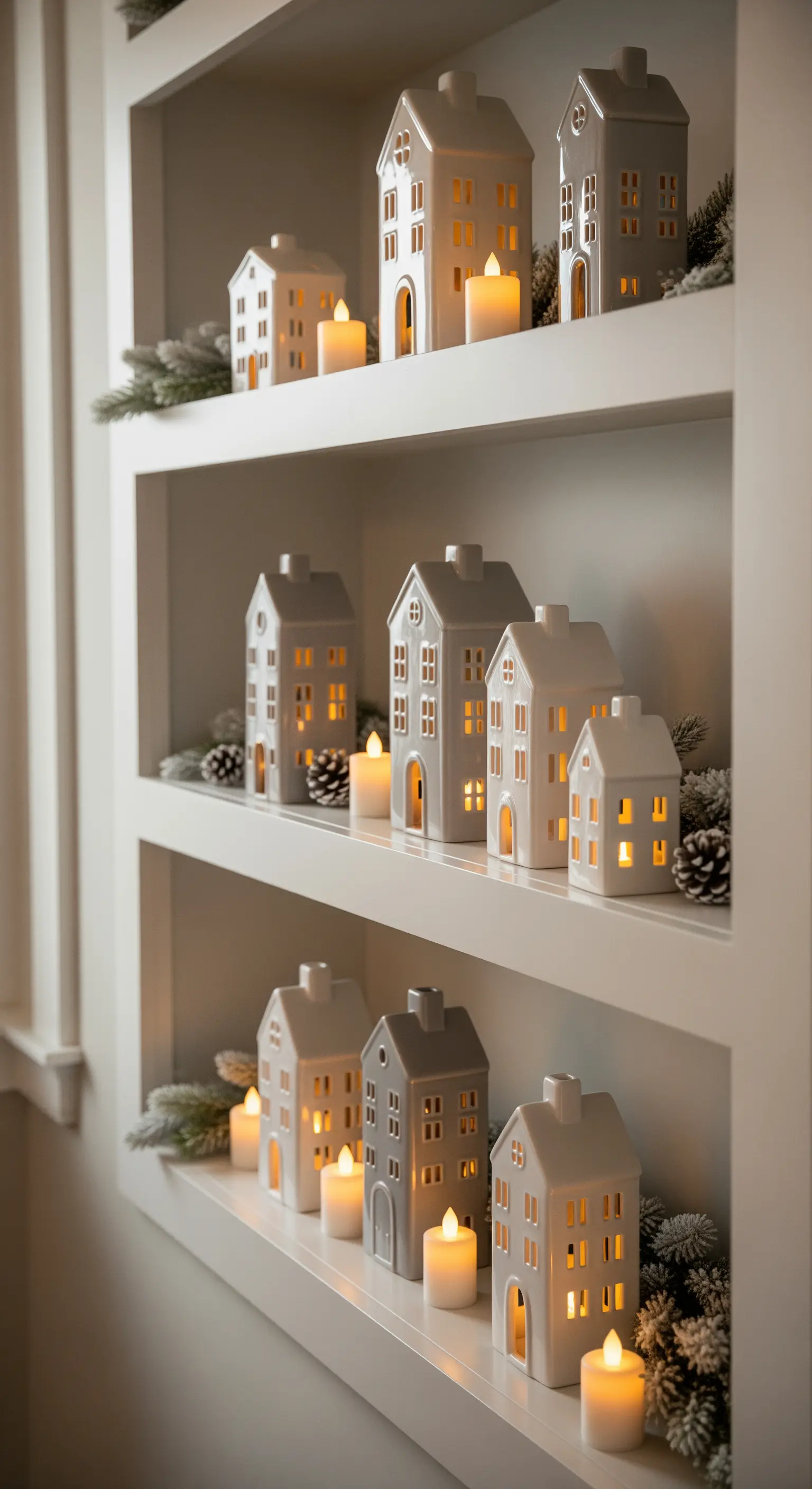 Regale mit beleuchteten Keramikhäusern, Kunstschnee und Tannenzweigen.