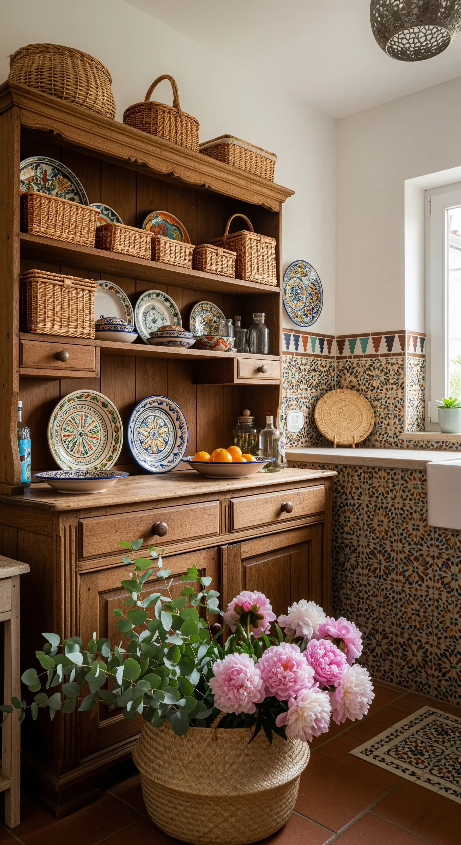 Altes Holzbuffet mit Korbwaren, Keramik und pinken Pfingstrosen
