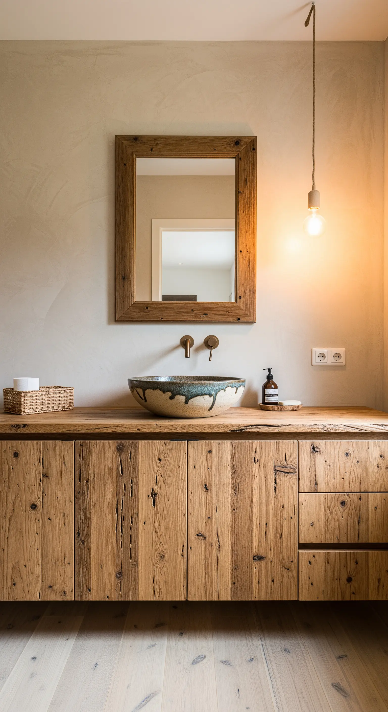 Waschtisch aus rustikalem Altholz mit einem handgefertigten Keramikwaschbecken.