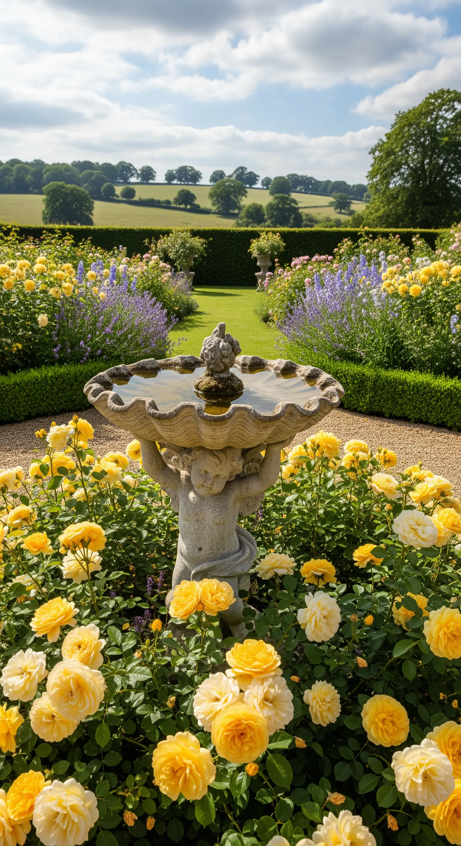 Steinerner Cherubinen-Brunnen als Vogeltränke, umgeben von leuchtend gelben Rosen