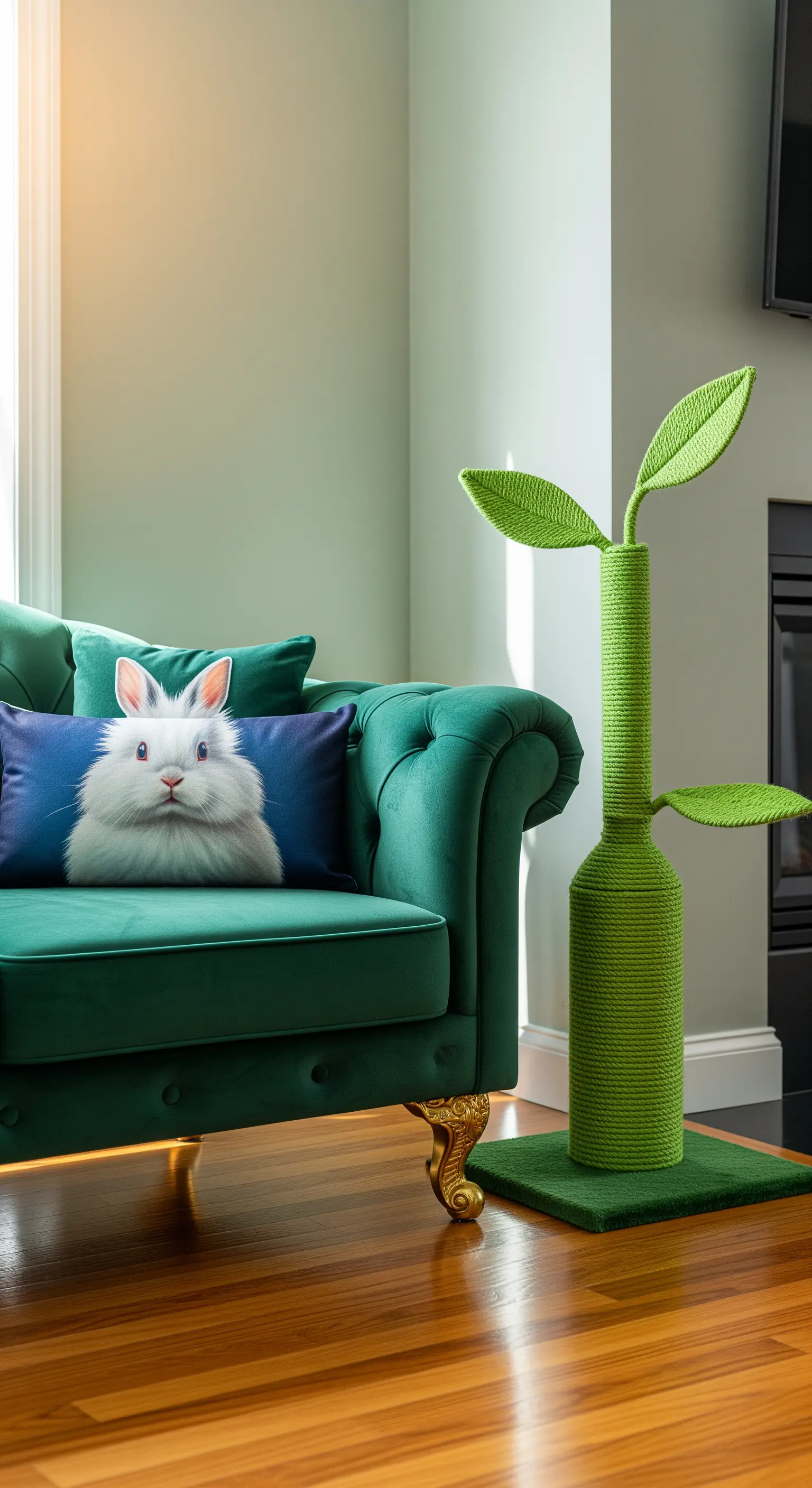 Green velvet couch with bunny pillow and a plant-shaped scratching post.
