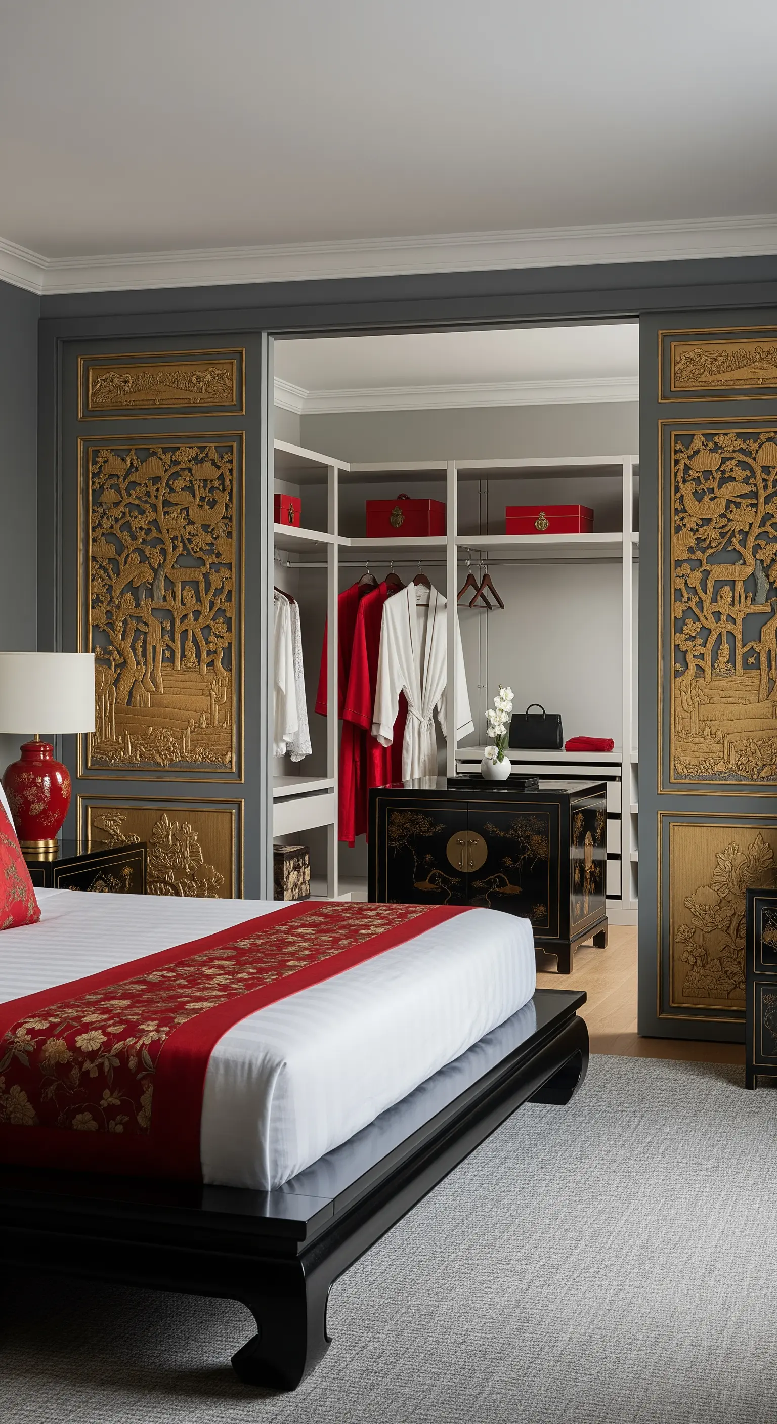 Schlafzimmer im asiatischen Stil mit kunstvoll verzierten, goldenen Schiebetüren zum Kleiderschrank