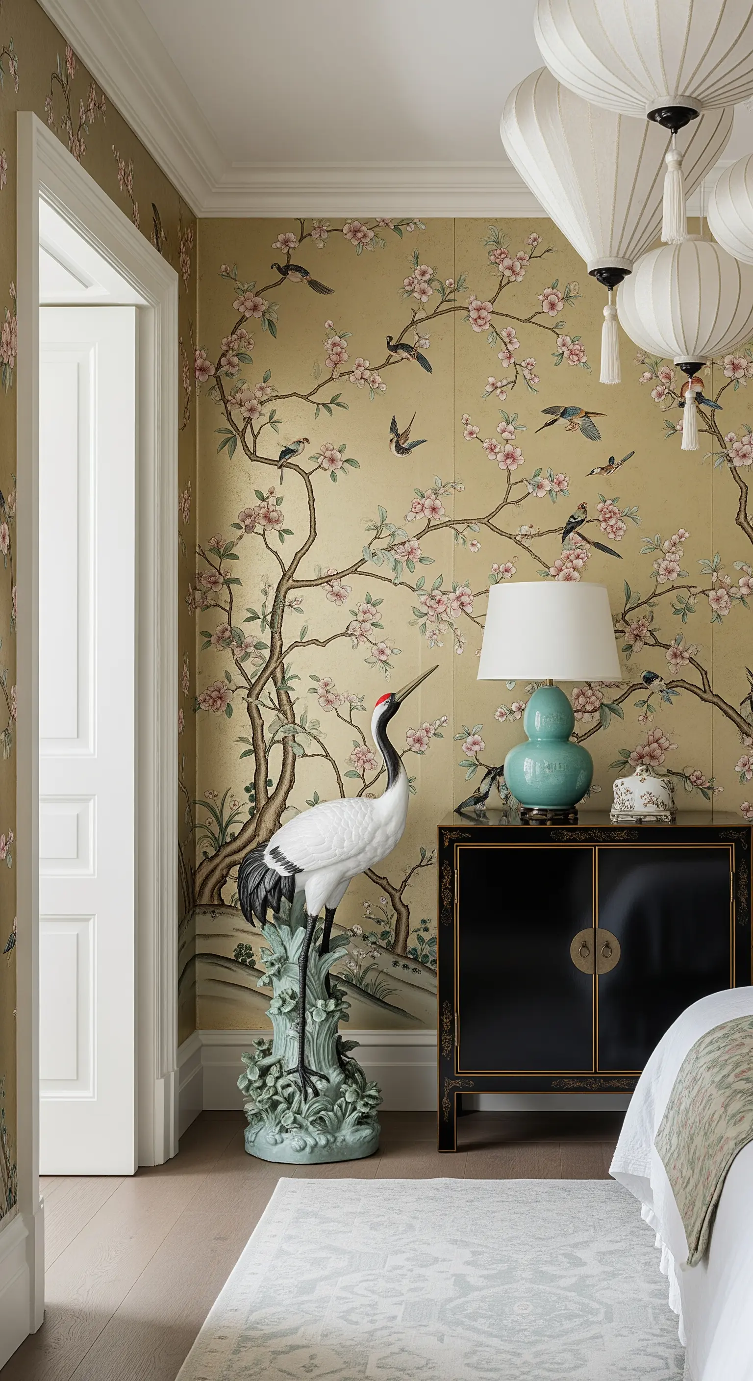 Große Keramikskulptur eines Kranichs in einem Schlafzimmer mit Chinoiserie-Tapete.