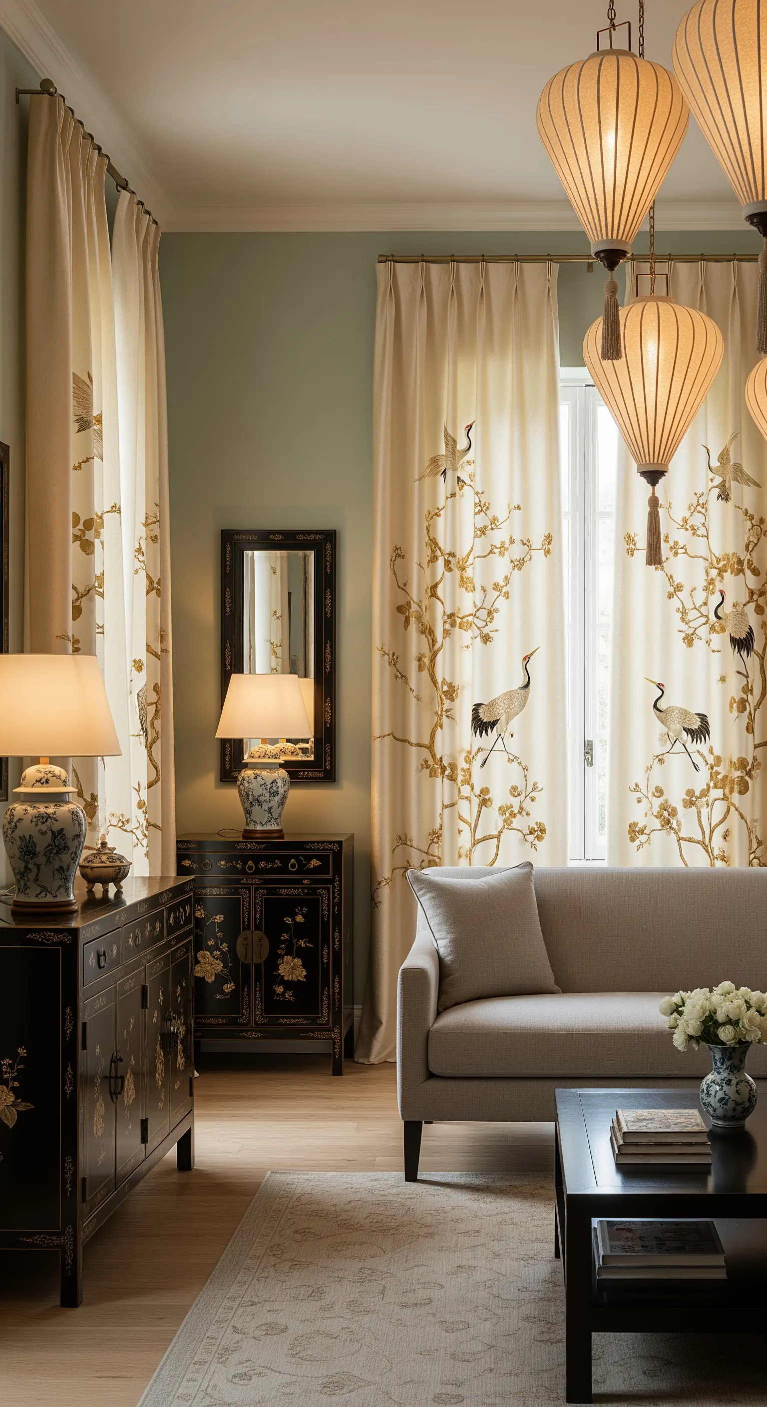 Wohnzimmer im Chinoiserie-Stil mit bestickten Vorhängen und asiatischen Möbeln.