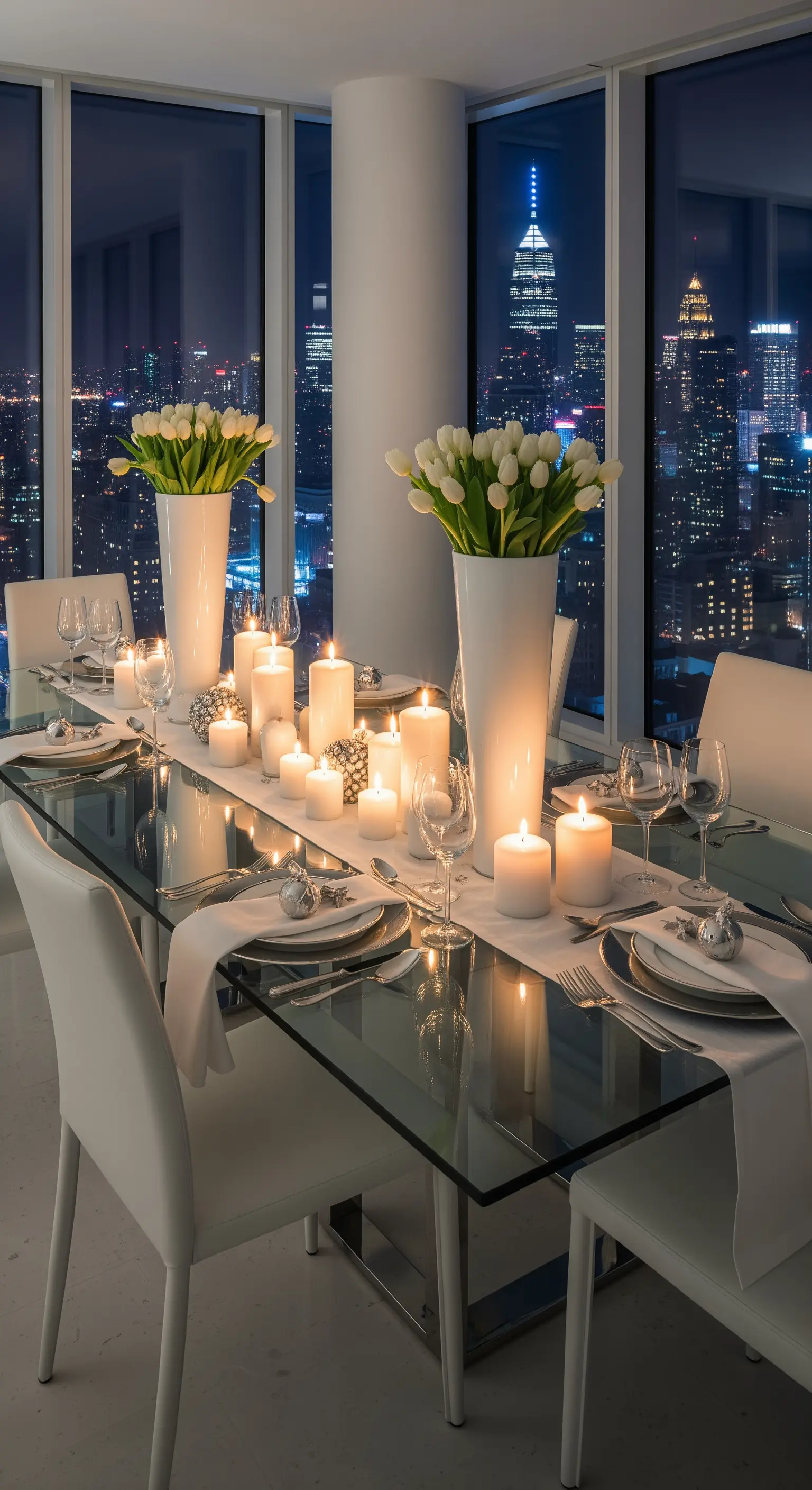 Glastisch mit weißen Tulpen, vielen Kerzen und einem Blick auf die Skyline
