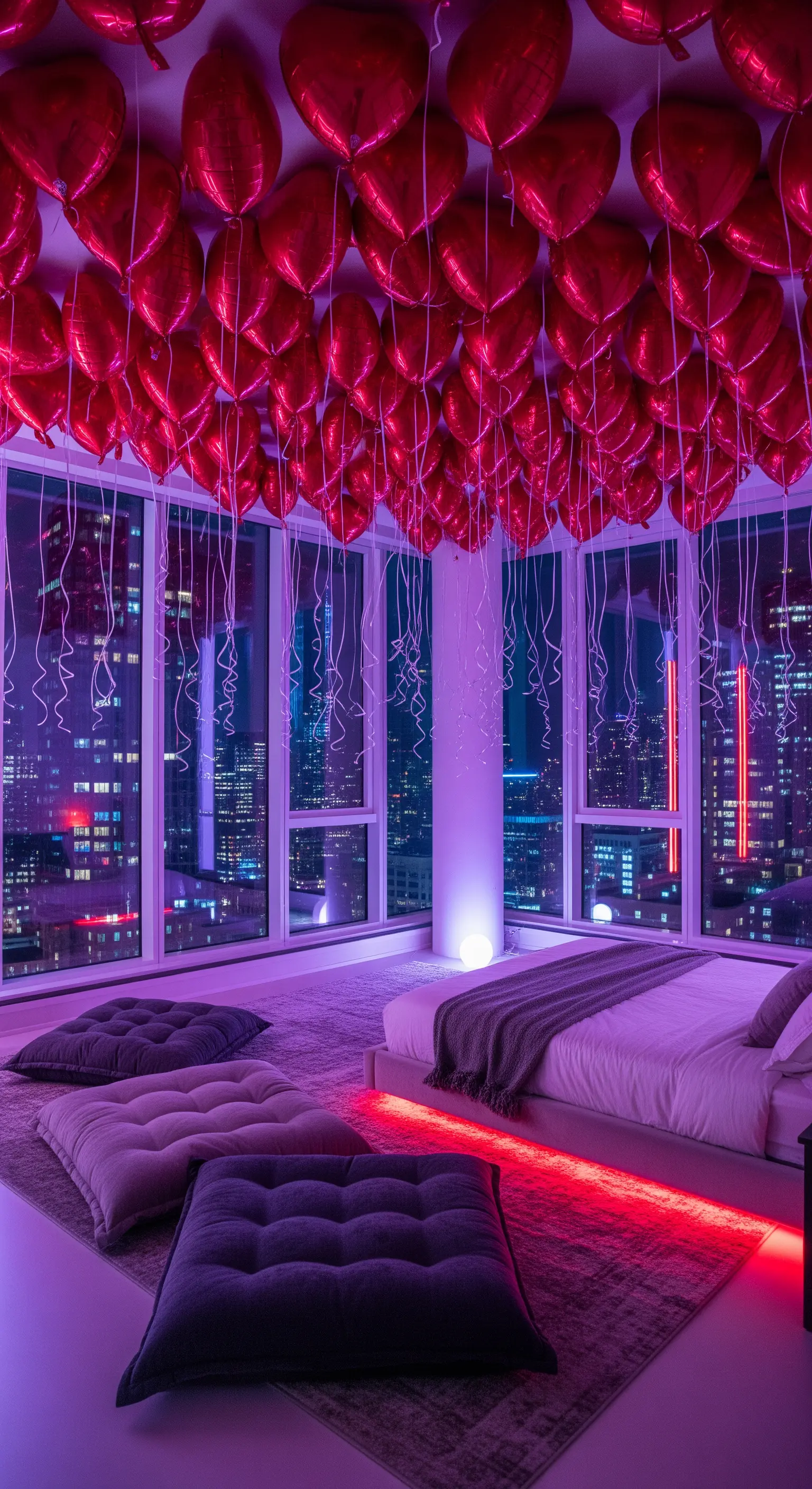 Schlafzimmer mit Cityblick, roten Herzballons und farbiger LED-Beleuchtung