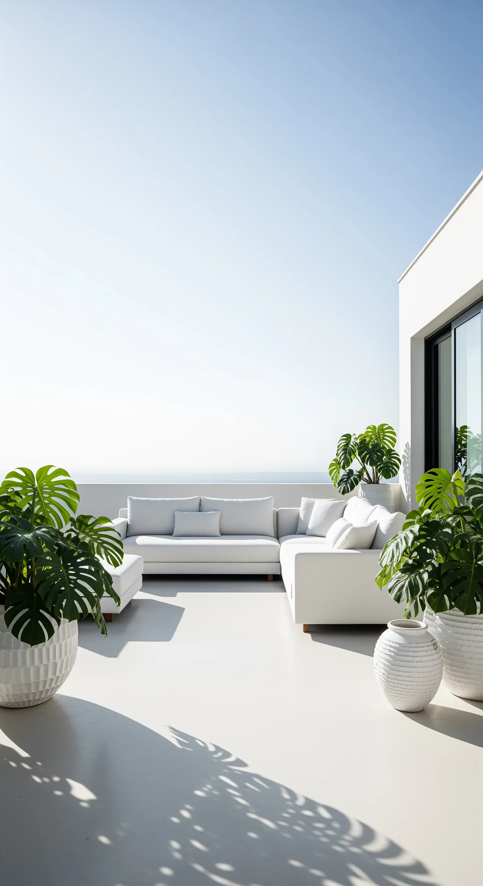 Geräumige weiße Lounge auf Terrasse mit Monstera Pflanzen