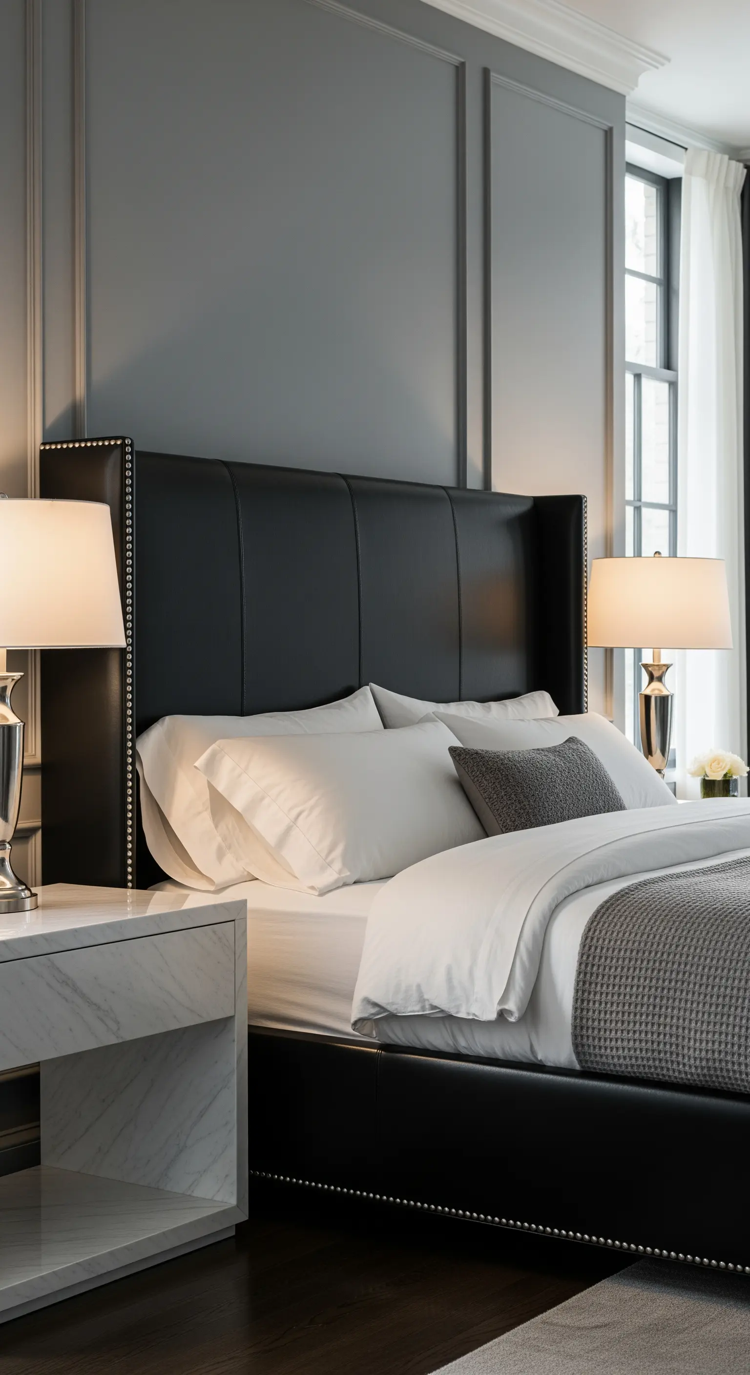 Graues Schlafzimmer mit Wandpaneelen, schwarzem Lederbett, weißen Marmornachttischen