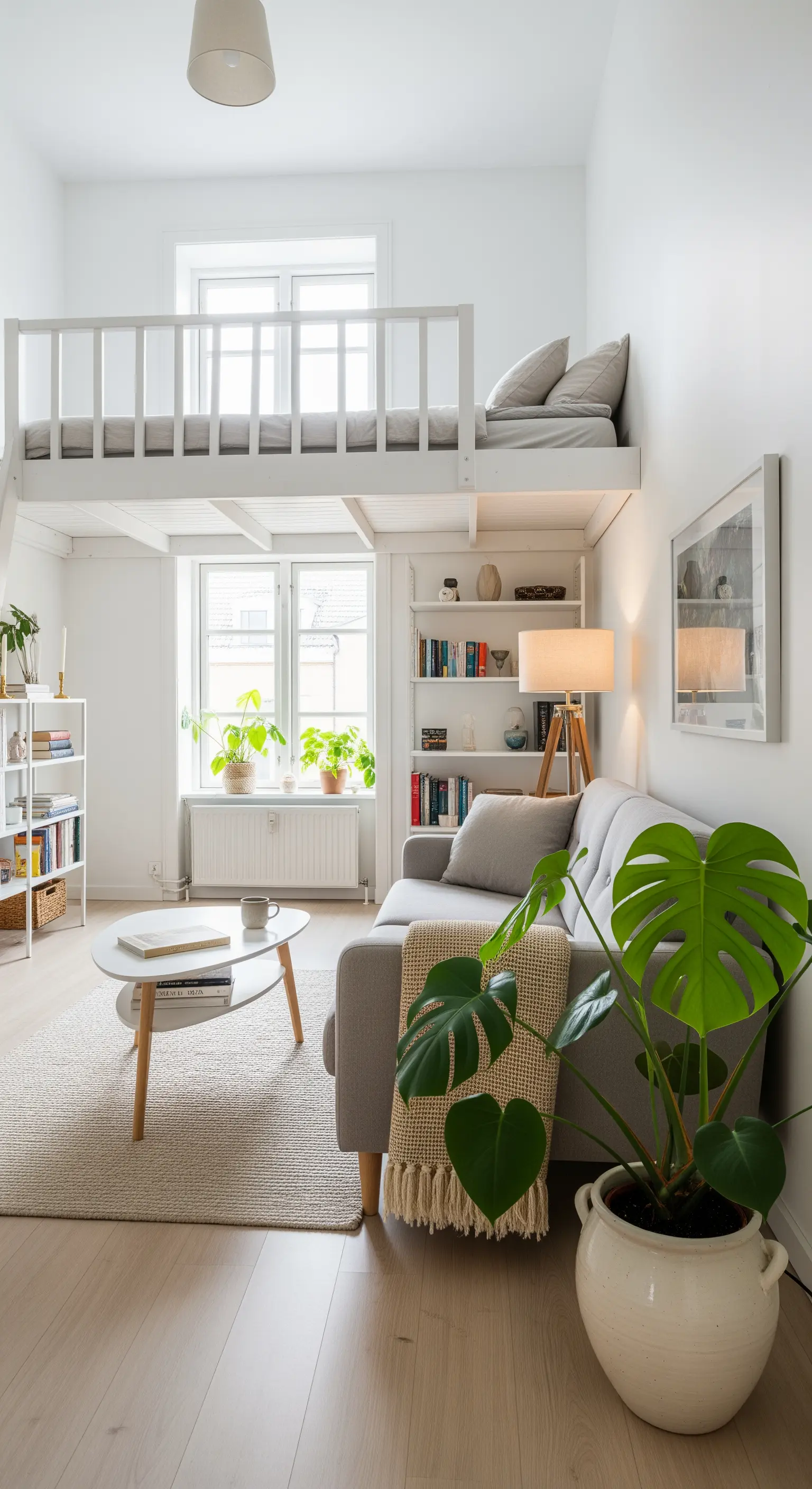 Kleines Wohnzimmer mit Hochbett, grauem Sofa, Monstera und Bücherregal.