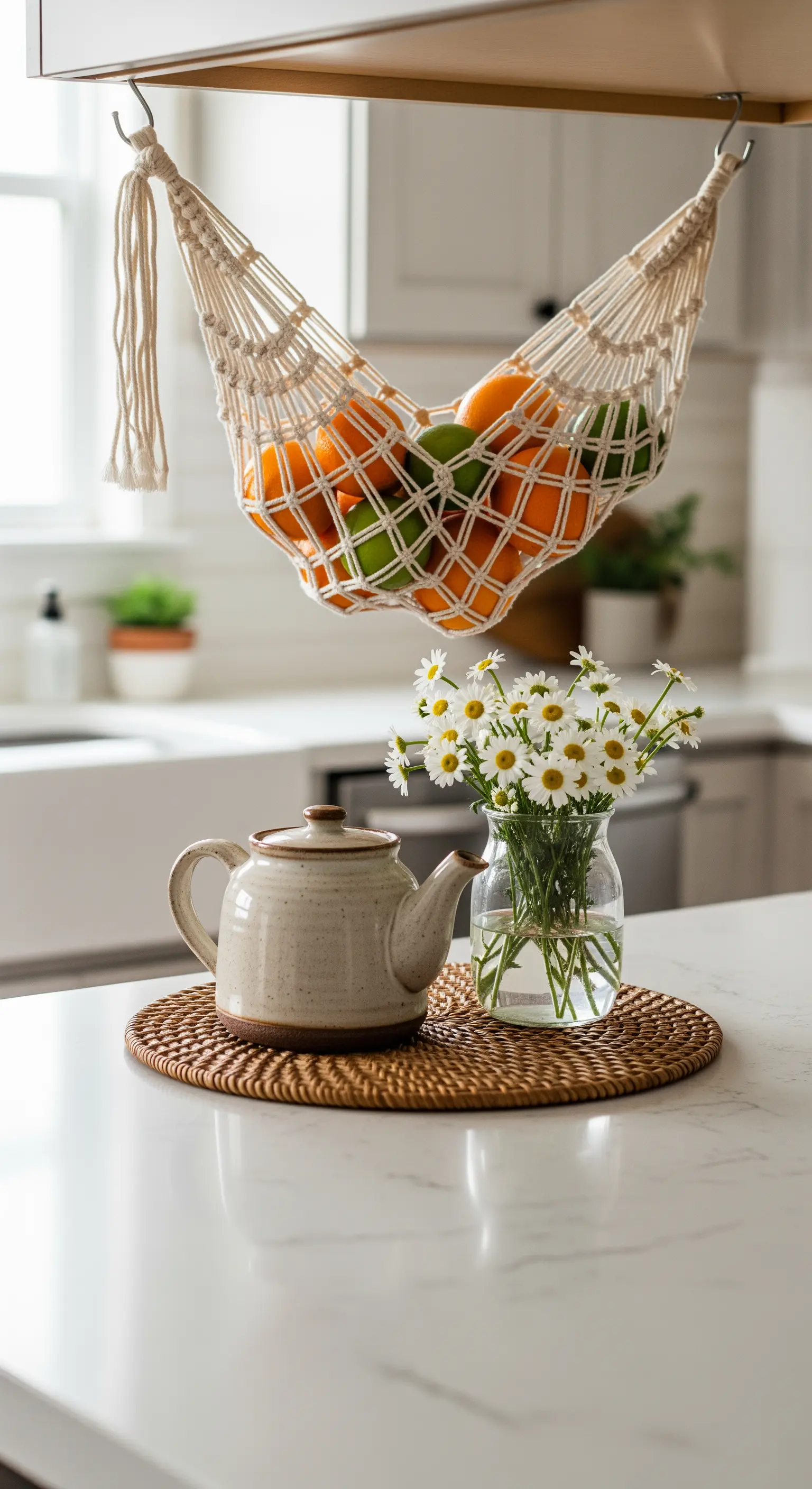 Makramee-Obst-Hängematte, Teekanne und Gänseblümchen auf Rattan-Set