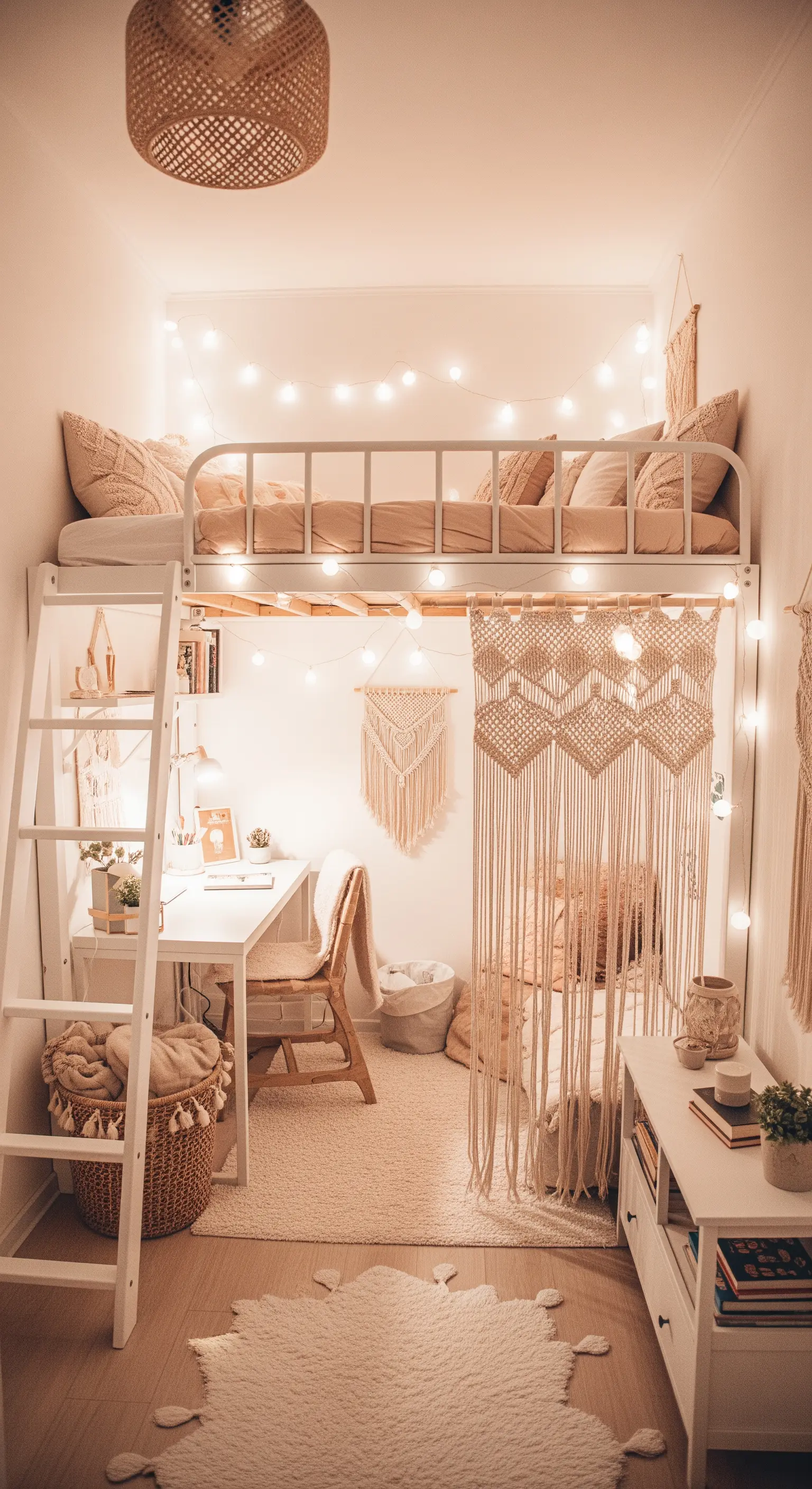 Gemütliches kleines Schlafzimmer mit einem Hochbett und einer Lounge-Ecke darunter.