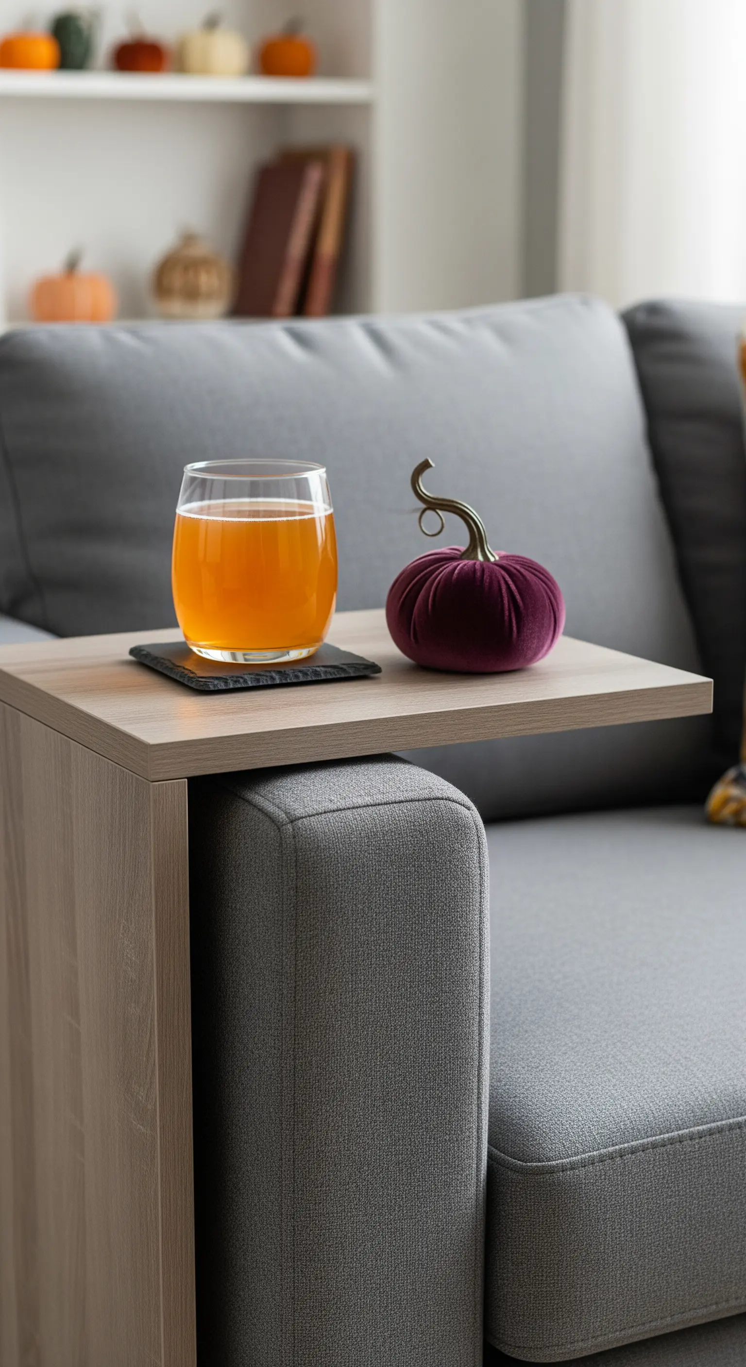 Sofa-Ablage mit Getränk und Samtkürbis.