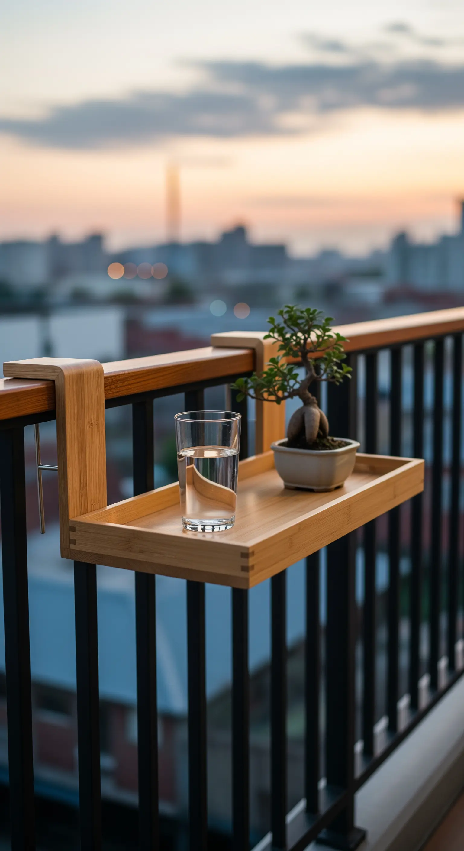 Einhängetablett aus Holz an Balkonbrüstung mit Bonsai und Wasserglas