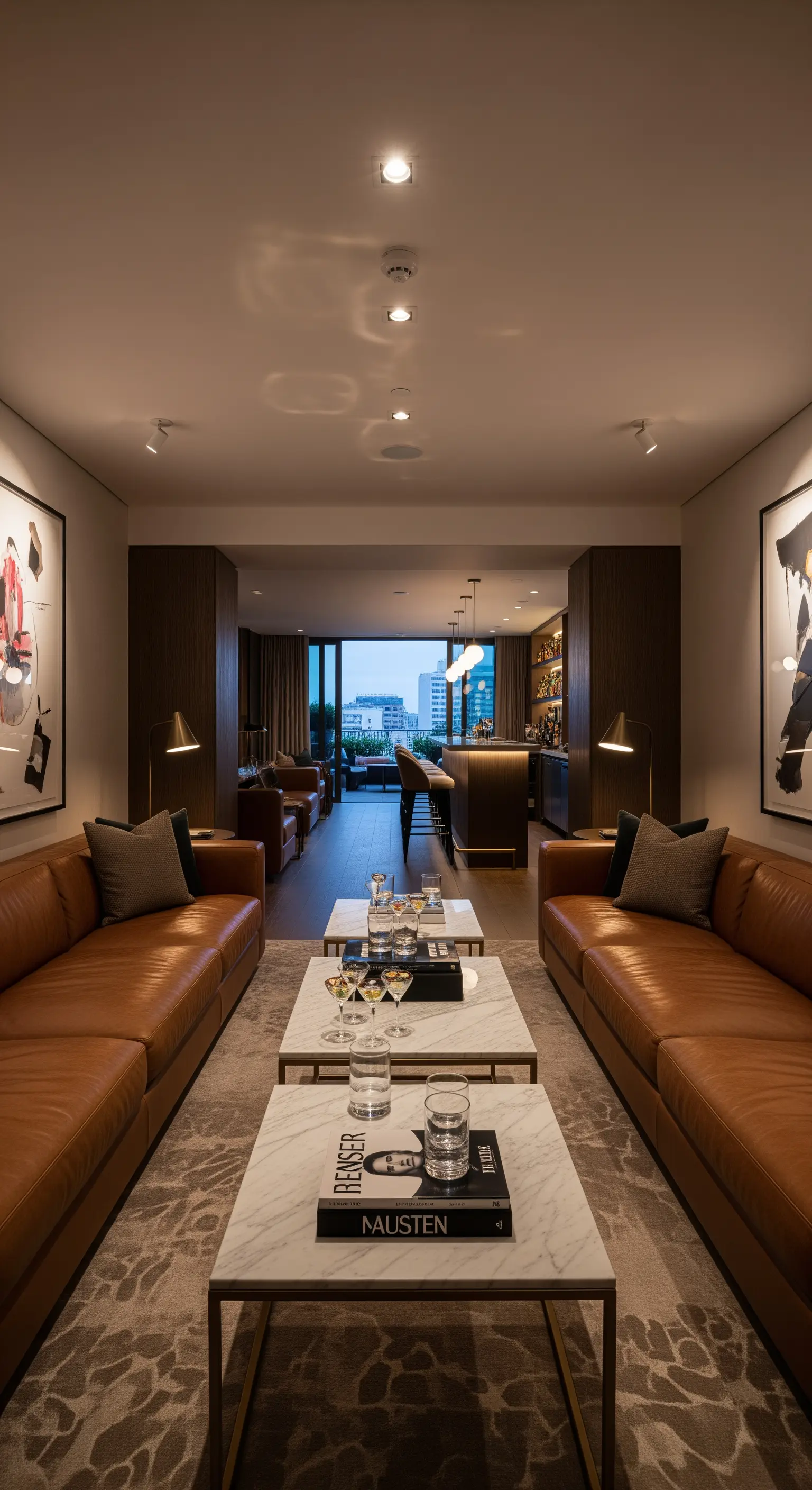 Zwei cognacfarbene Ledersofas in einer langen, schmalen Lounge mit dunklem Holz und Marmortischen.