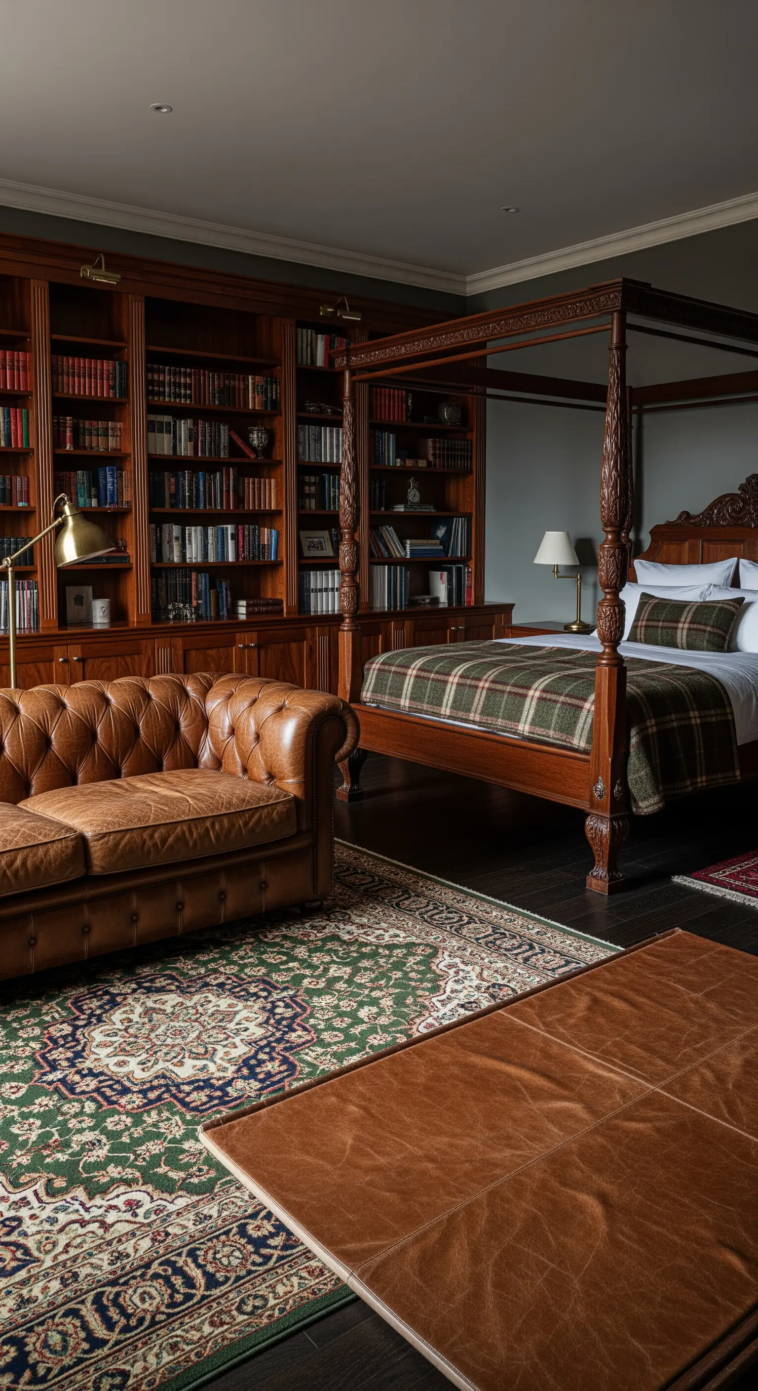 Klassisches Bibliotheks-Schlafzimmer mit einem Lederteppich auf einem traditionellen Orientteppich