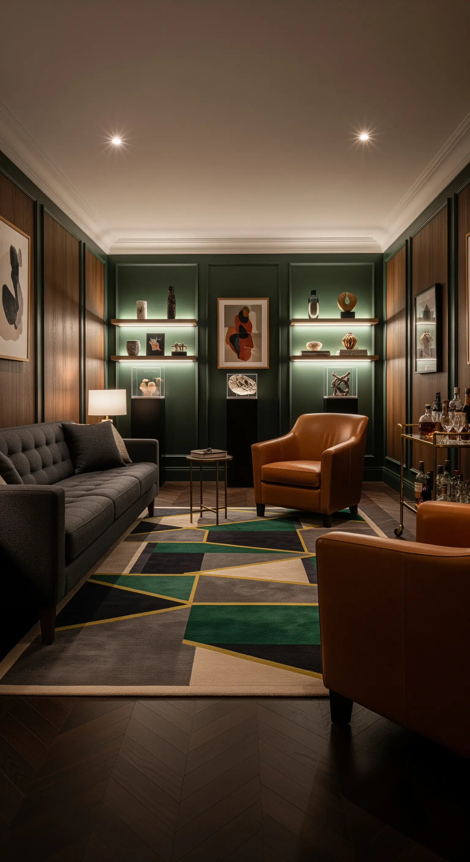 Dunkelgrünes Wohnzimmer mit Holzvertäfelung und modernem geometrischem Teppich.