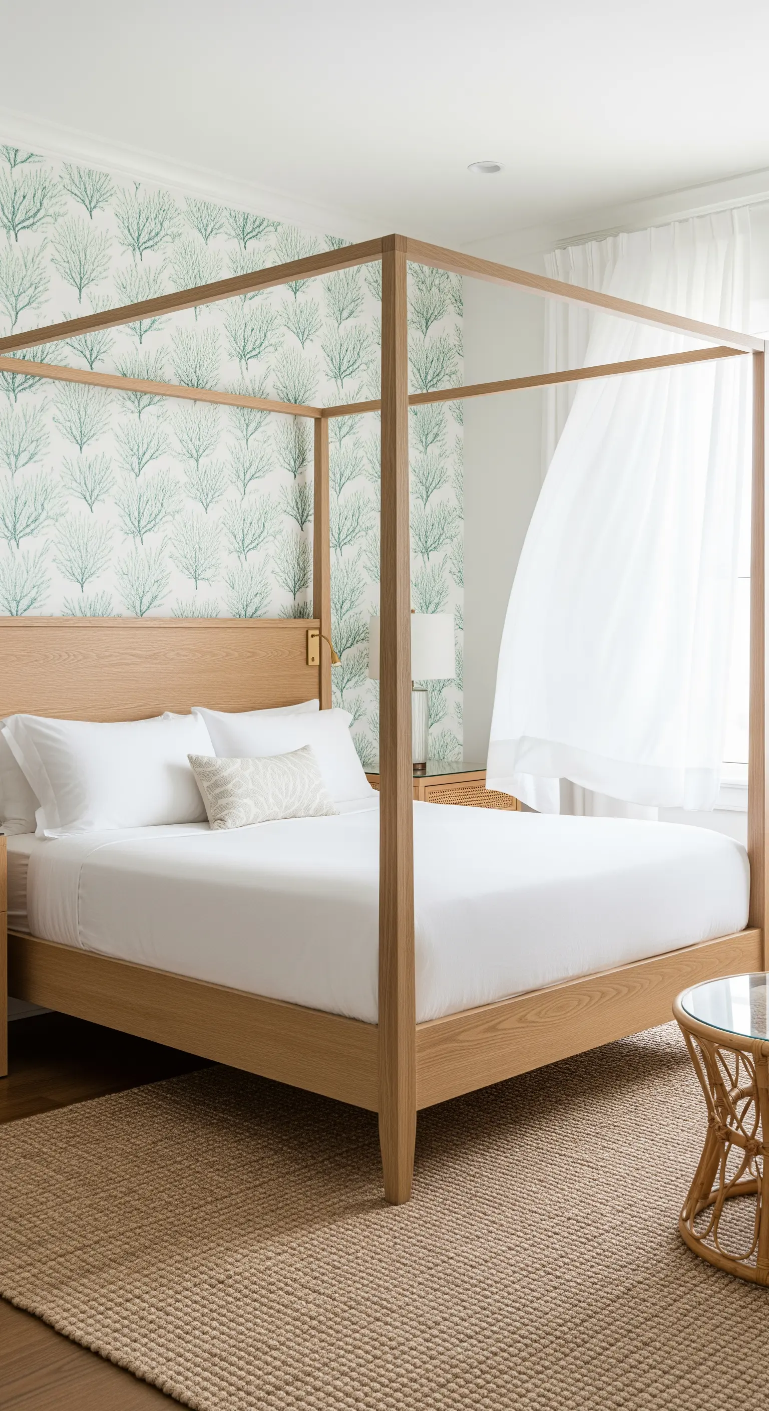 Luftiges Küsten-Schlafzimmer mit mintgrüner Korallen-Tapete und hellem Holzbett.