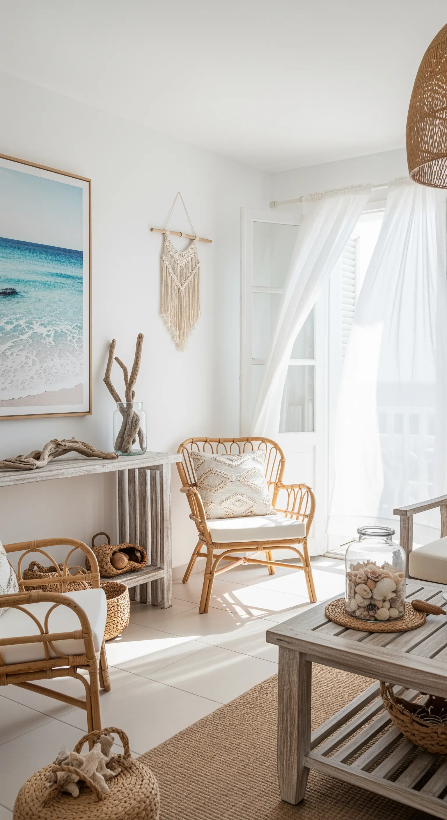 Helles Wohnzimmer im Coastal-Boho-Stil mit Rattanmöbeln, Treibholz und einem Strandbild.