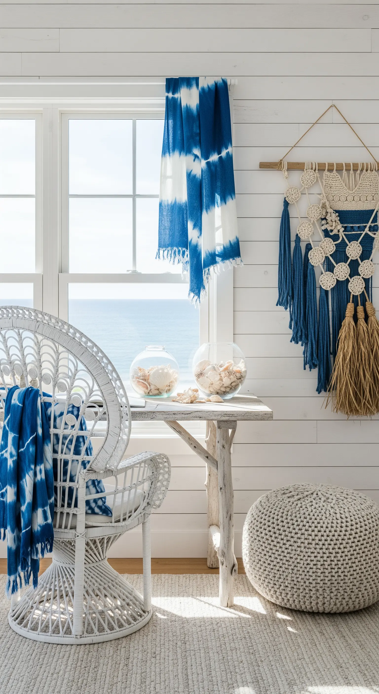 Helles Küsten-Homeoffice mit weißem Rattanstuhl, blauen Akzenten und Muscheldeko.
