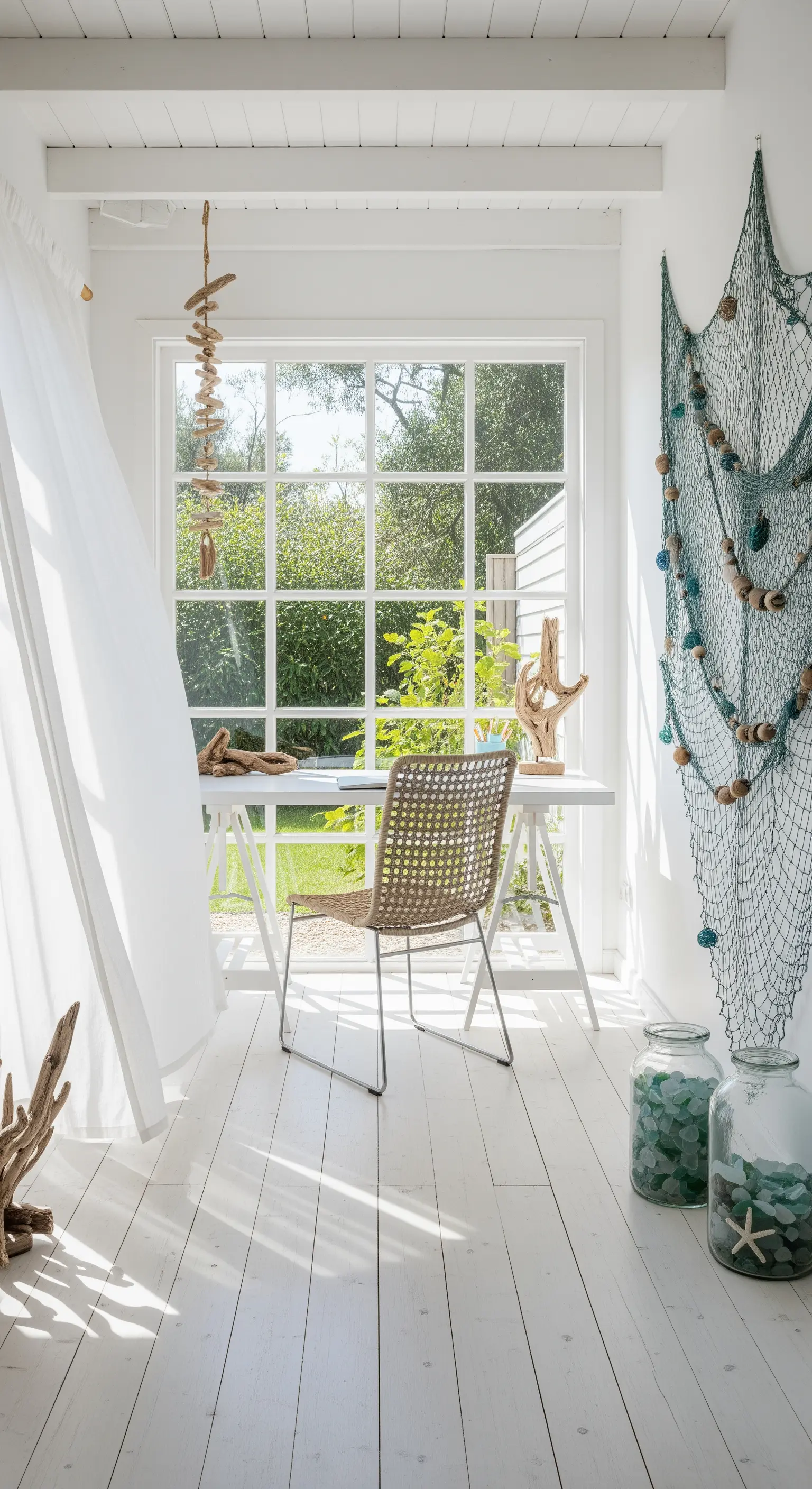 Helles, maritimes Homeoffice in Weiß mit Treibholz und Fischernetz-Deko