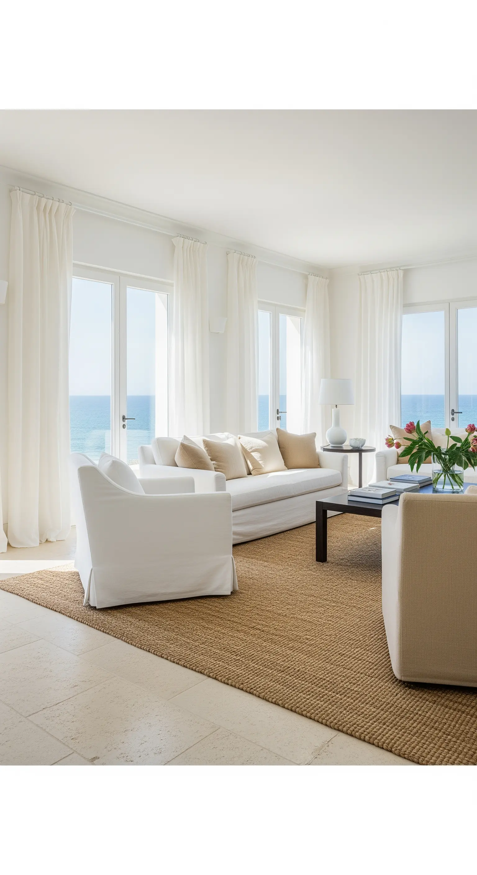 Helles Wohnzimmer am Meer mit weißen Sofas und einem großen Sisal-Teppich.