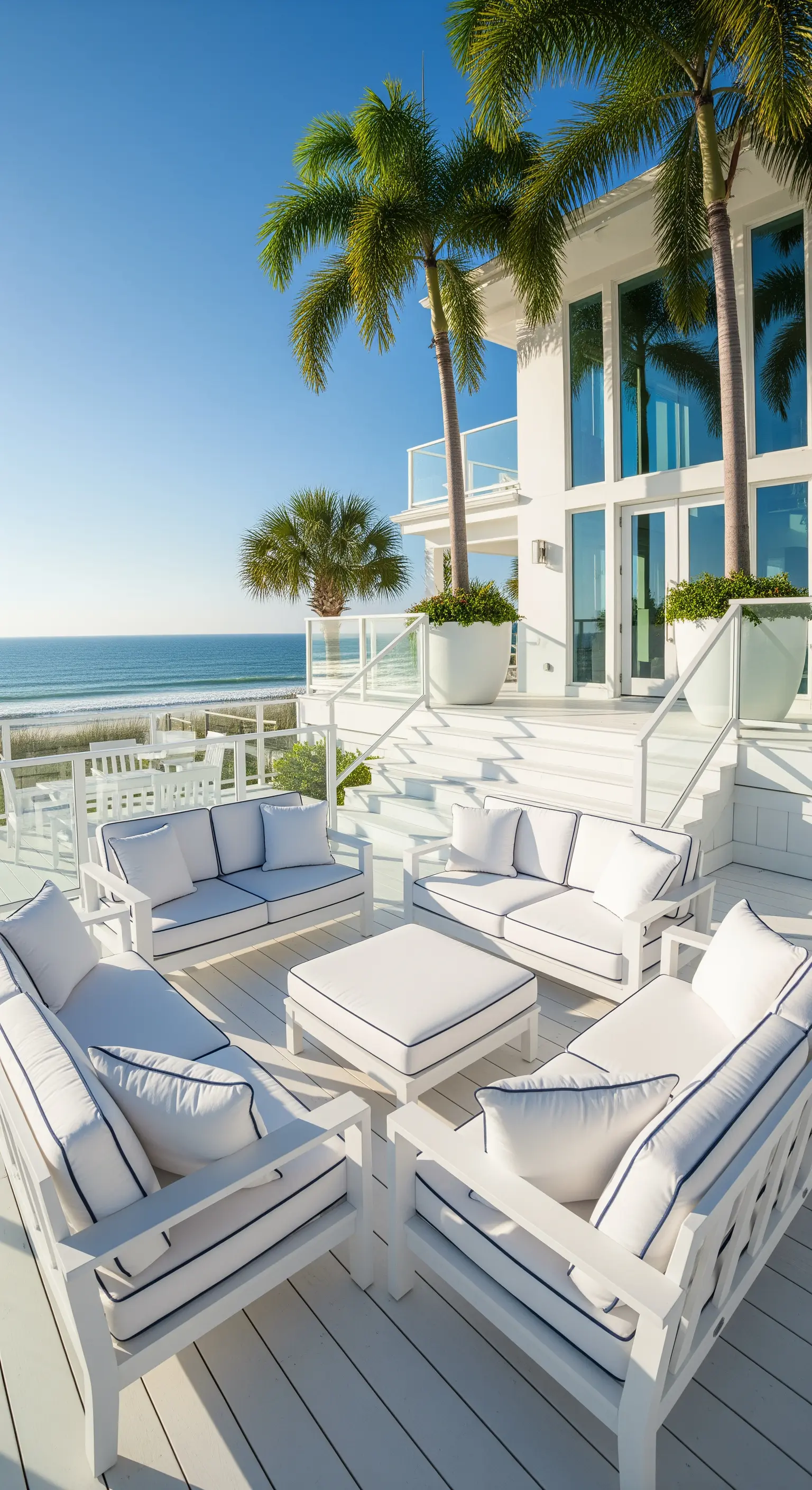 Küstenpatio mit weißen Möbeln, blauen Akzenten und Meerblick