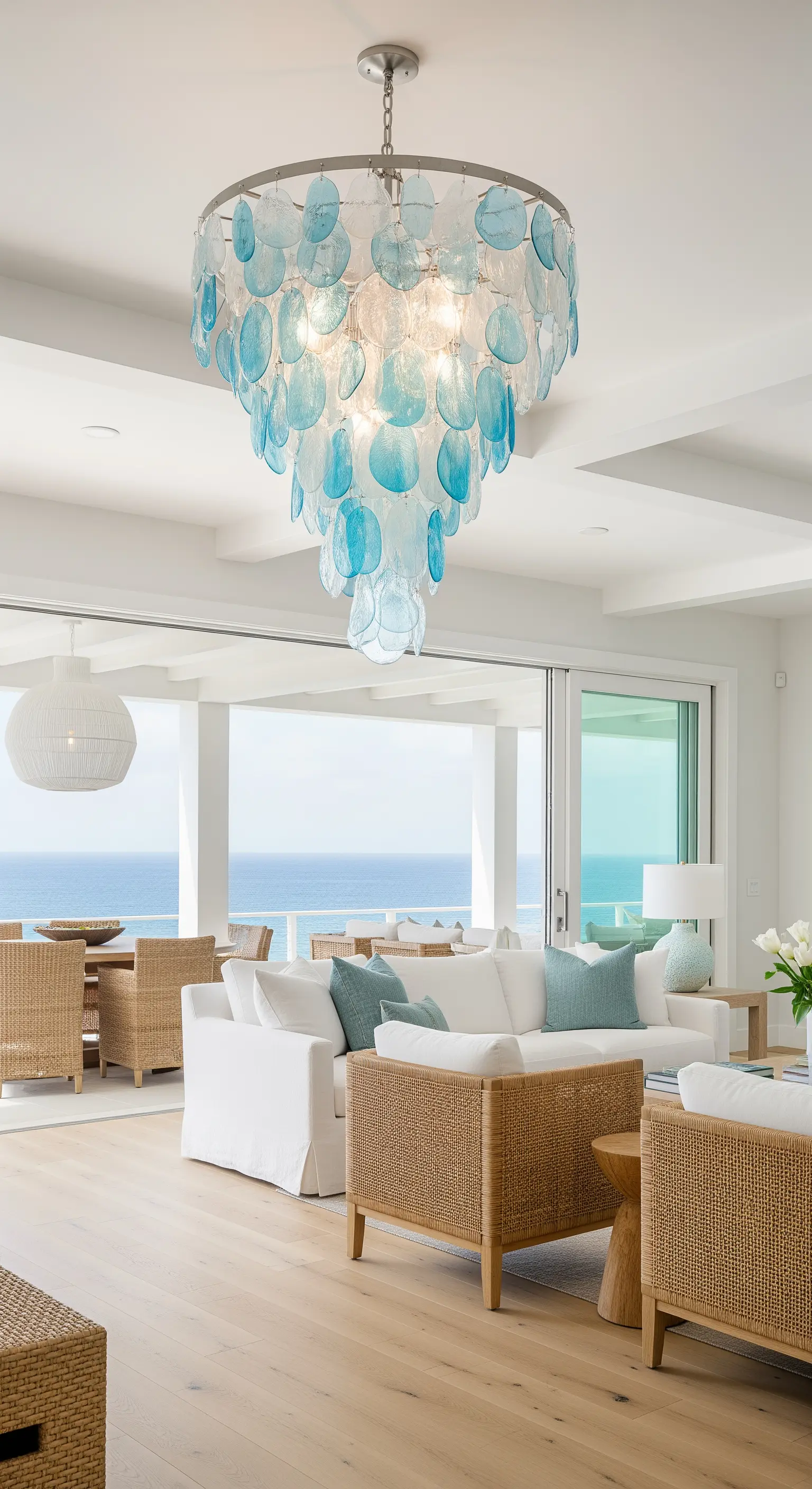 Kronleuchter aus blauen und weißen Glasplättchen in einem hellen Wohnzimmer mit Meerblick.