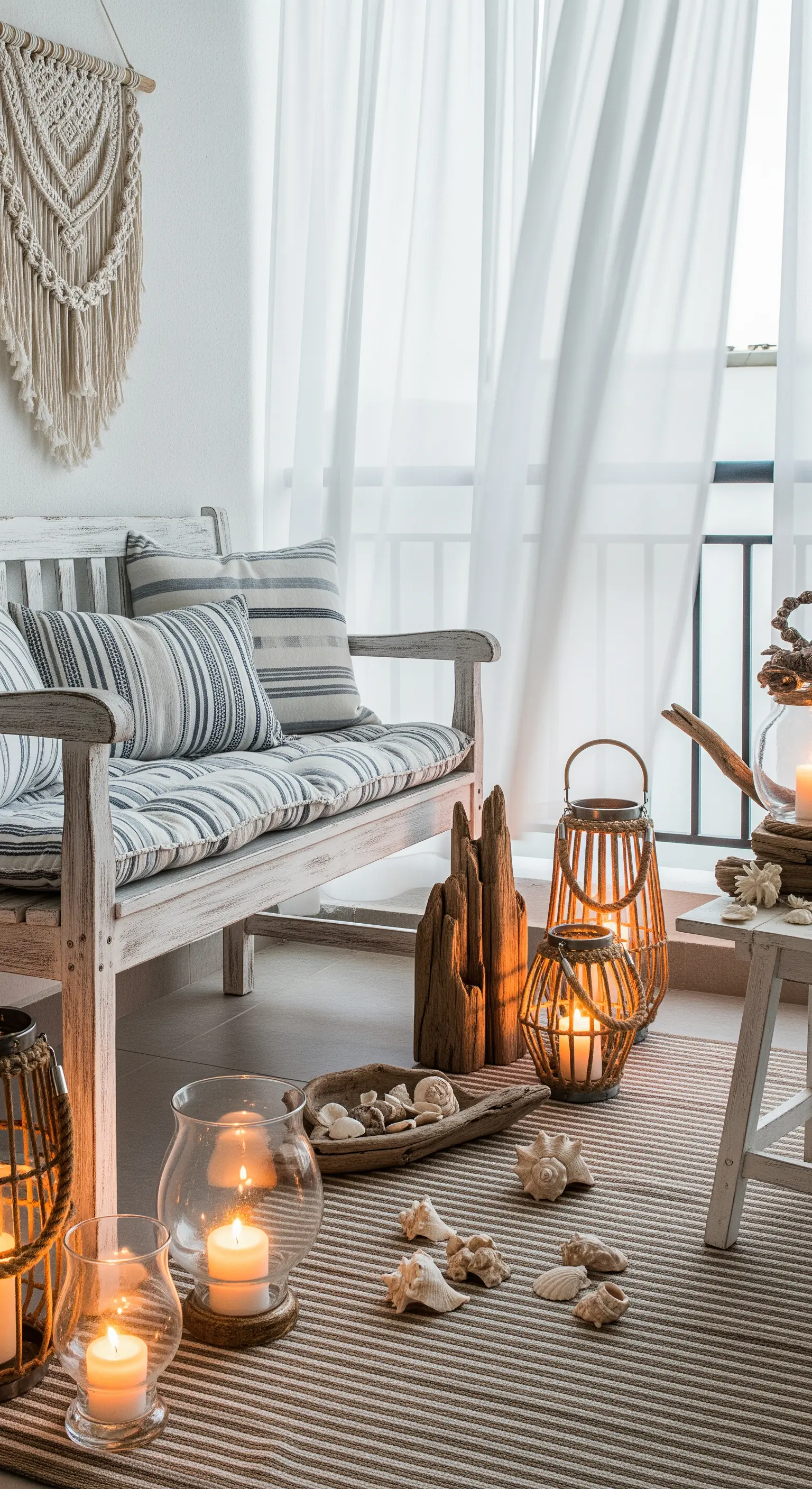 Maritimer Boho-Balkon mit weißer Holzbank, Laternen und Muscheldeko