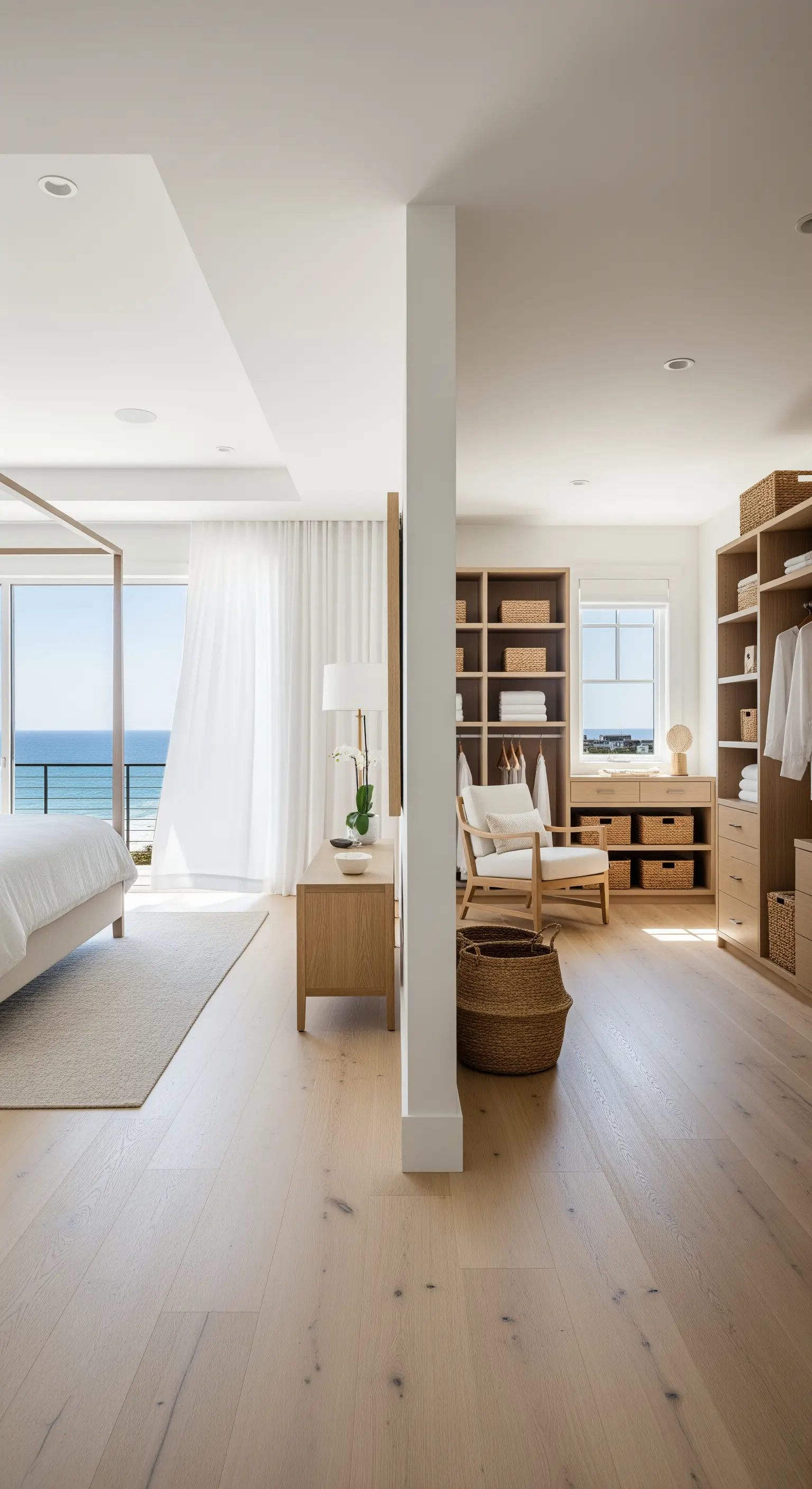 Heller, offener Ankleidebereich mit Eichenholzregalen und Blick aufs Meer