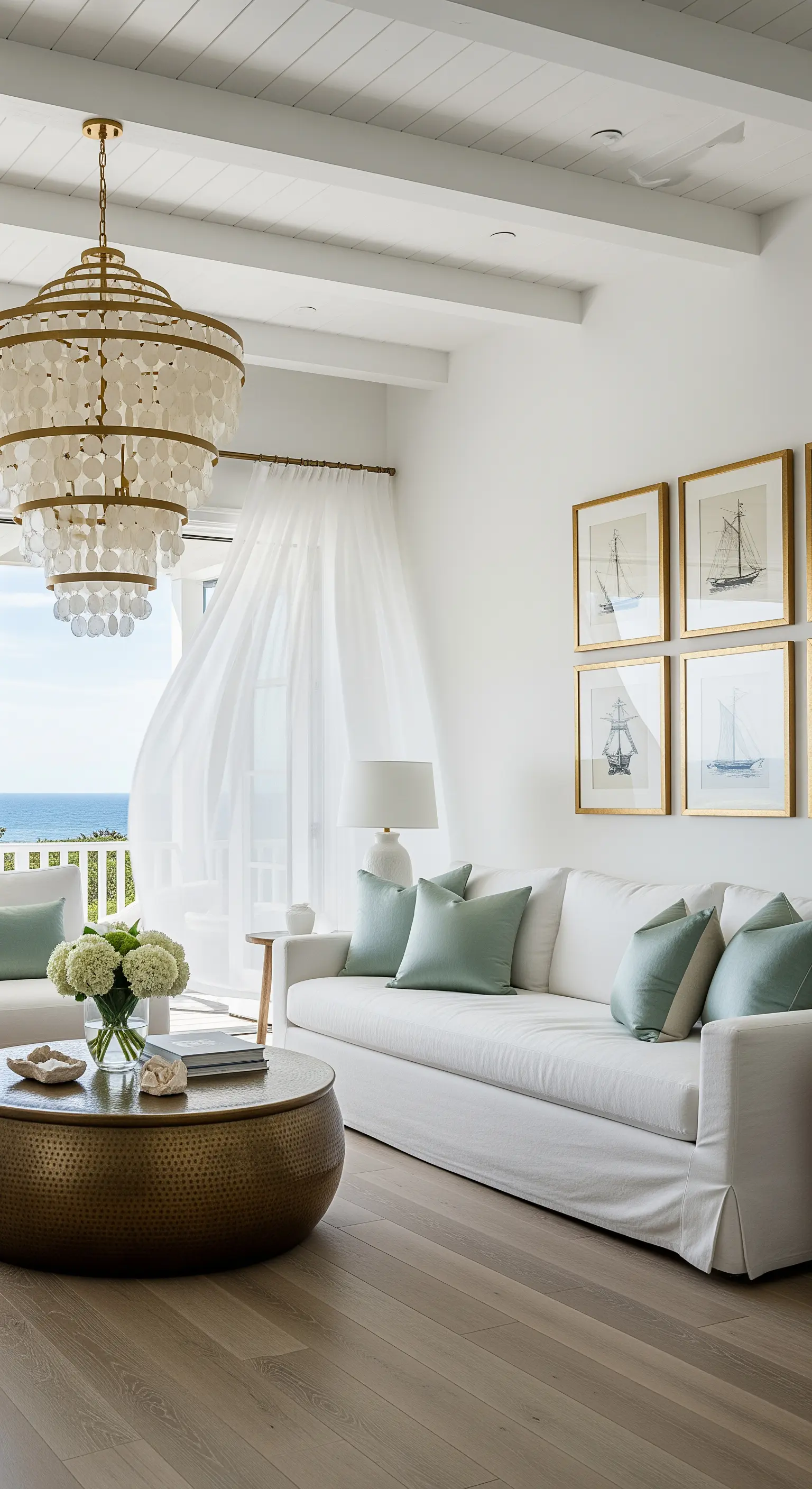 Helles Wohnzimmer im Coastal-Stil mit einem Muschel-Kronleuchter und einem gehämmerten Gold-Couchtisch.