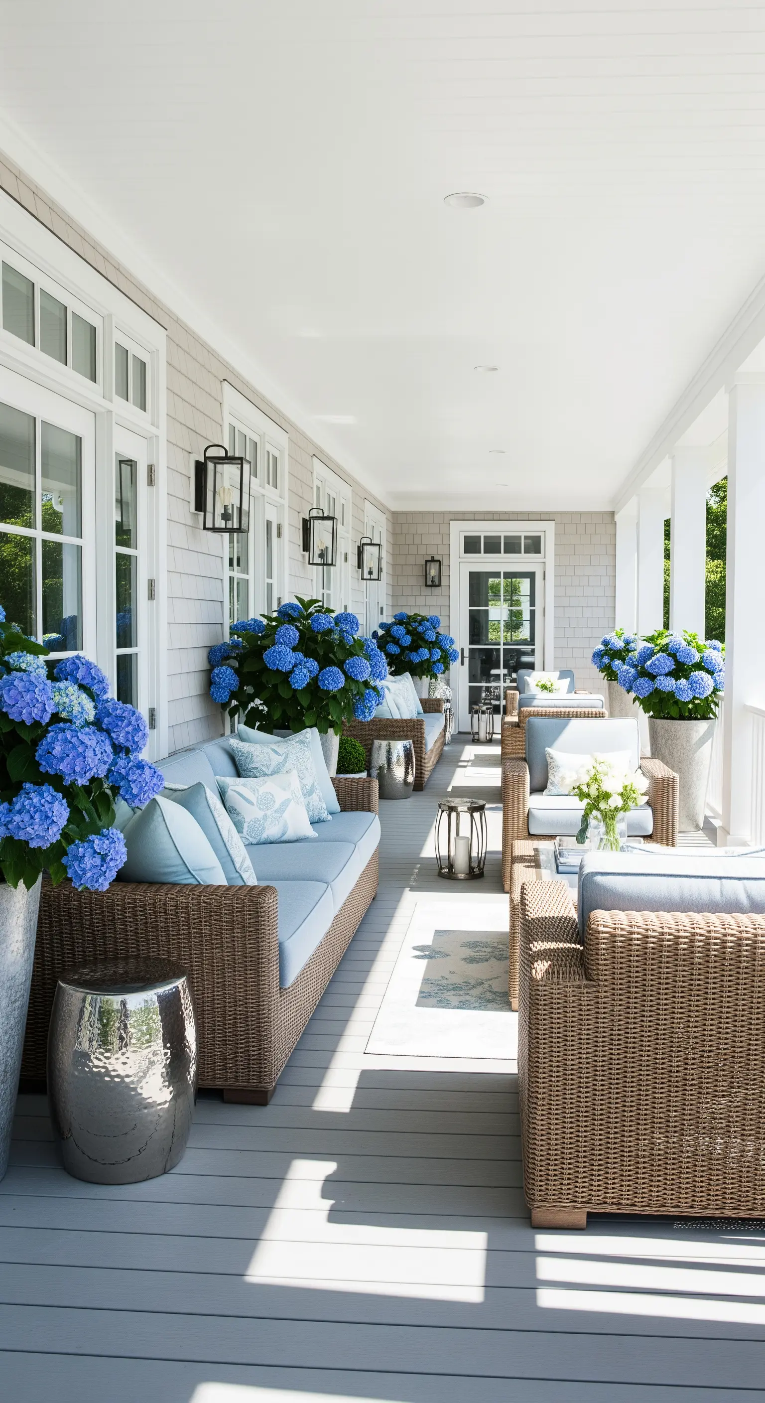 Coastal-Chic-Veranda mit blauen Hortensien, Rattansofas und hellen Kissen