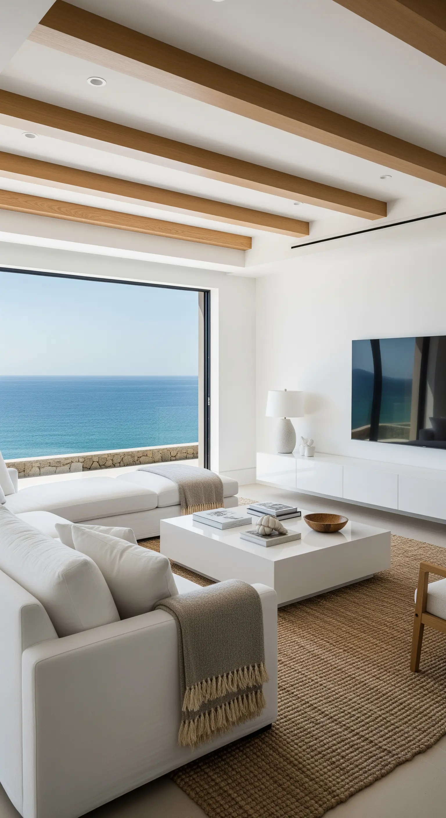 Weiße Hochglanzmöbel in einem hellen Wohnzimmer mit einem Teppich aus Jute und sichtbaren Holzbalken.